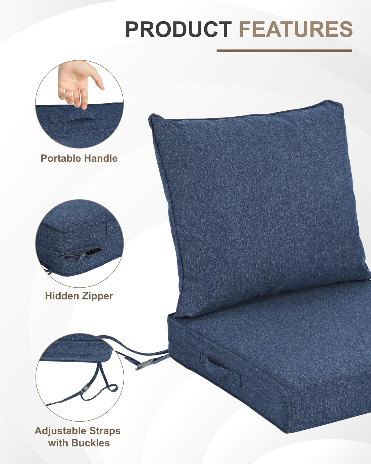 BPS 24 x 24 Inch Outdoor Chair Cushion Set, Fade-Resistant and Water-Resistant Solution-Dyed Polyester Fabric Patio Deep Seat Cushion with Removable Cover and Straps for Outdoor/Indoor Use
