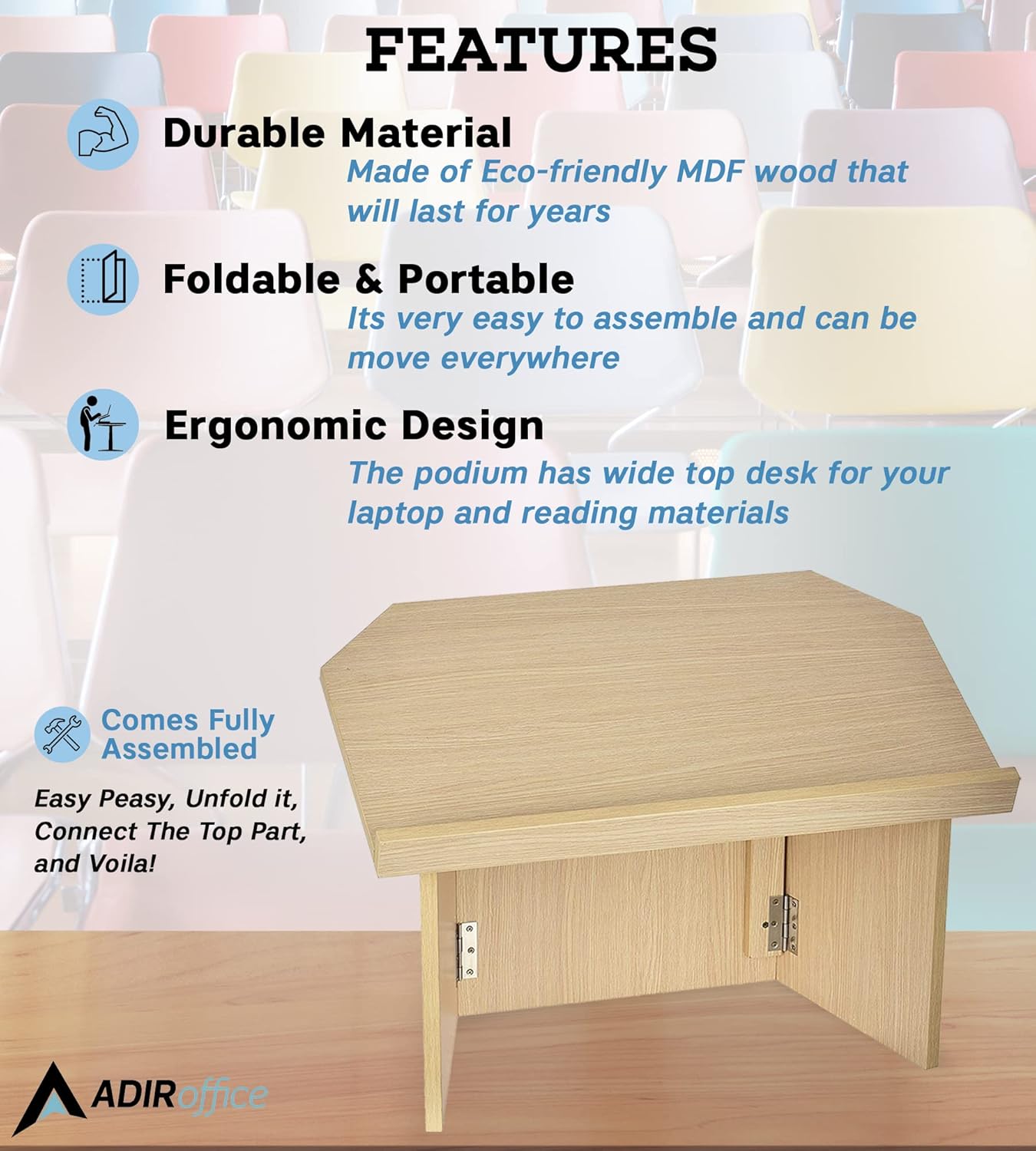 AdirOffice Tabletop Podium, Folding Podium Ideal as a Tabletop Lectern, Beige