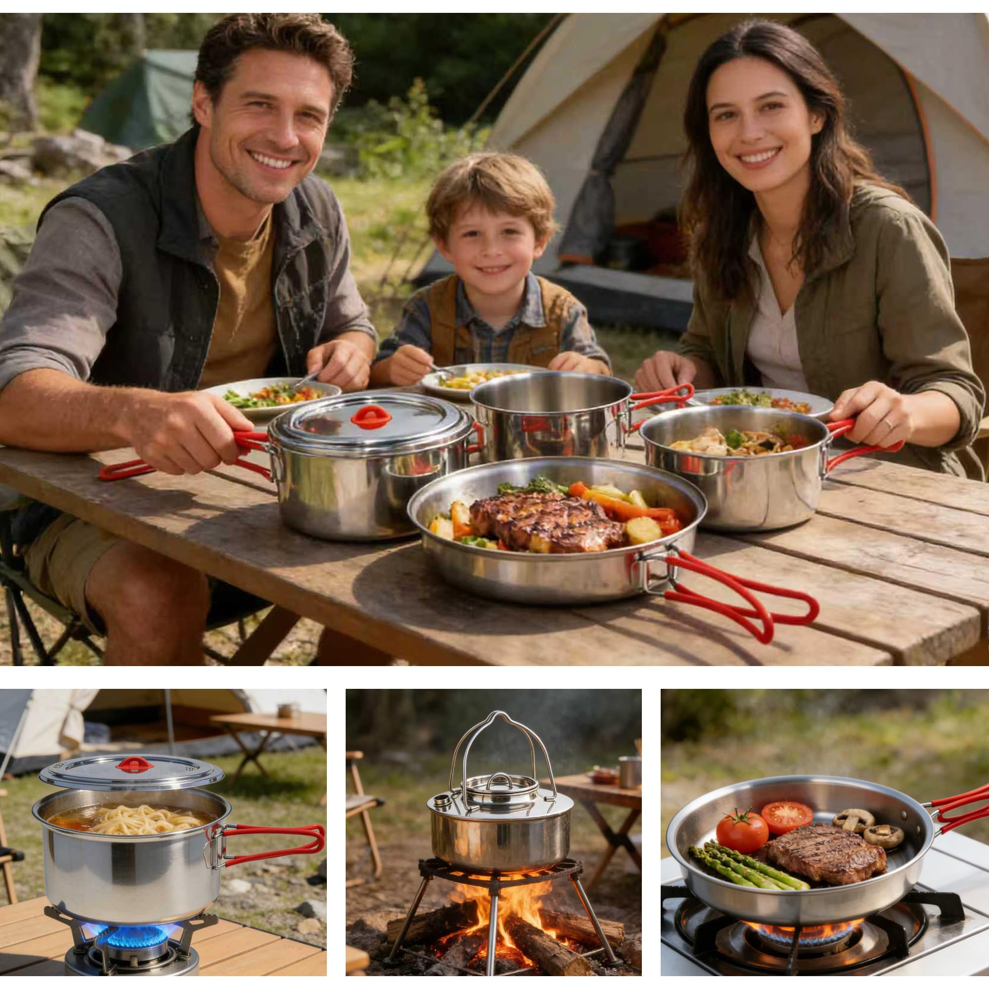 Tragbares Camping-Kochgeschirr-Set aus 18/8 Edelstahl, 11-teilig, stapelbares Design, große Kapazität, Töpfe und Pfanne mit Kessel, kompakt für Picknick und Familien-Kochen im Freien (4–8