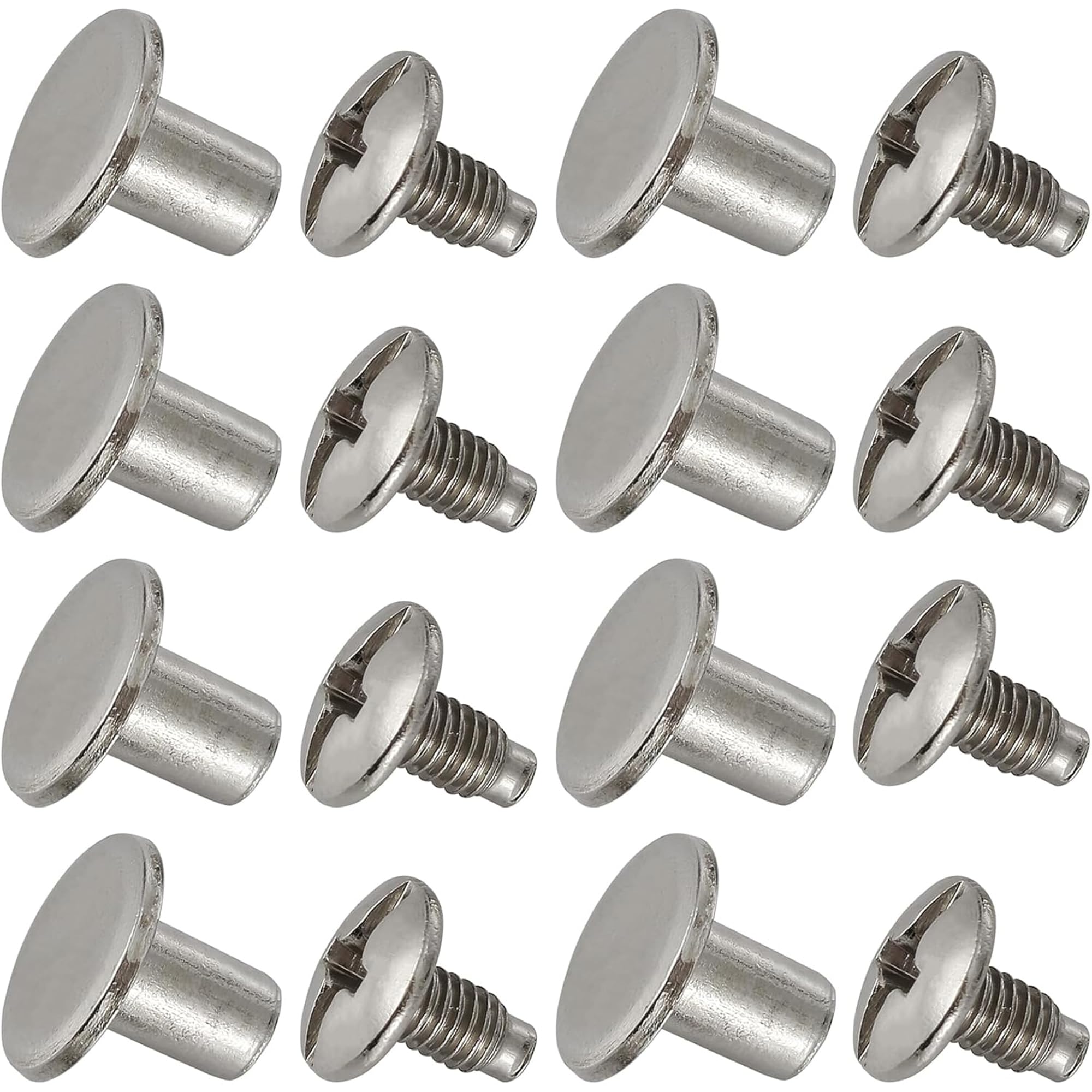 Botones redondos de cabeza plana Chicago para manualidades de cuero, cierre de poste de tornillo de reparación de 1/4 pulgadas (6 mm), pernos de remache de clavos de metal, plata, 500 juegos, diámetro