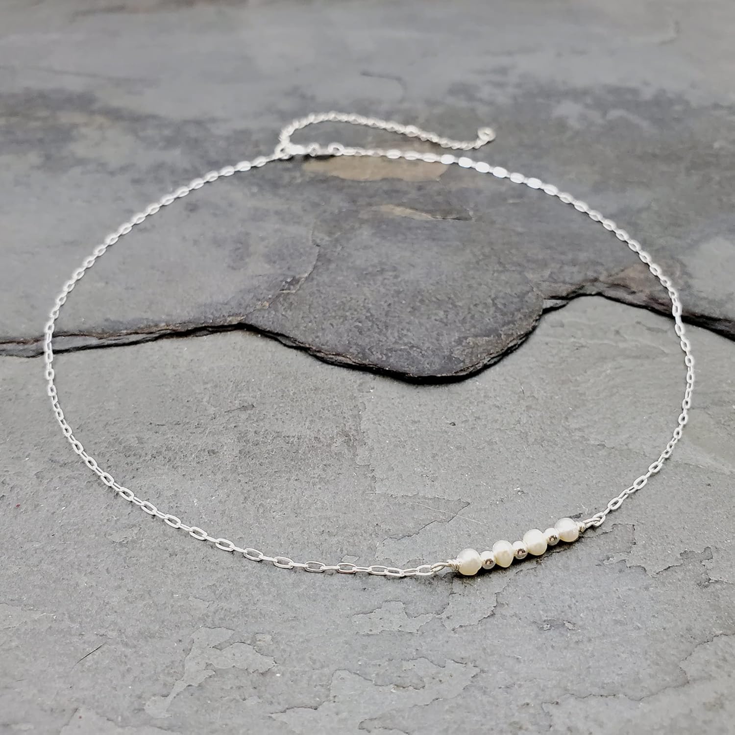 Sterling Silver White Pearl Delicate Choker, Handmade Minimal Dainty Freshwater Pearl Necklace, Adjustable Length 14-17 Inches, June Birthstone - Image 3