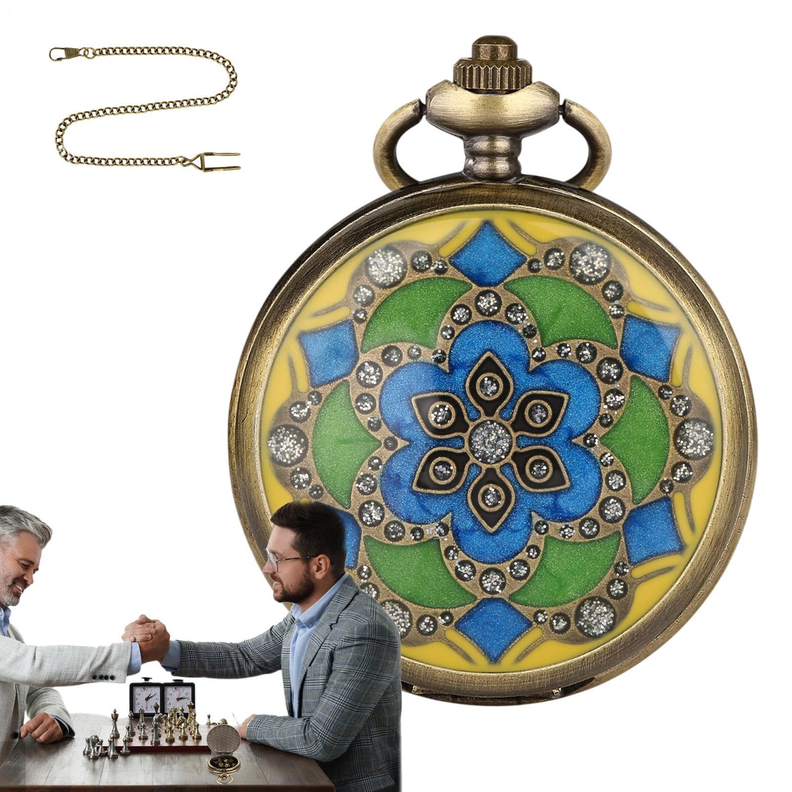 Miniature Metal Dice Set In Pocket Watch Case - Steampunk Style RPG Dice Holder (D20, D12, D10, D8, D6, D4) | Portable Travel Kit With Chain | Retro Bronze Gift (Non-Functional Watch)