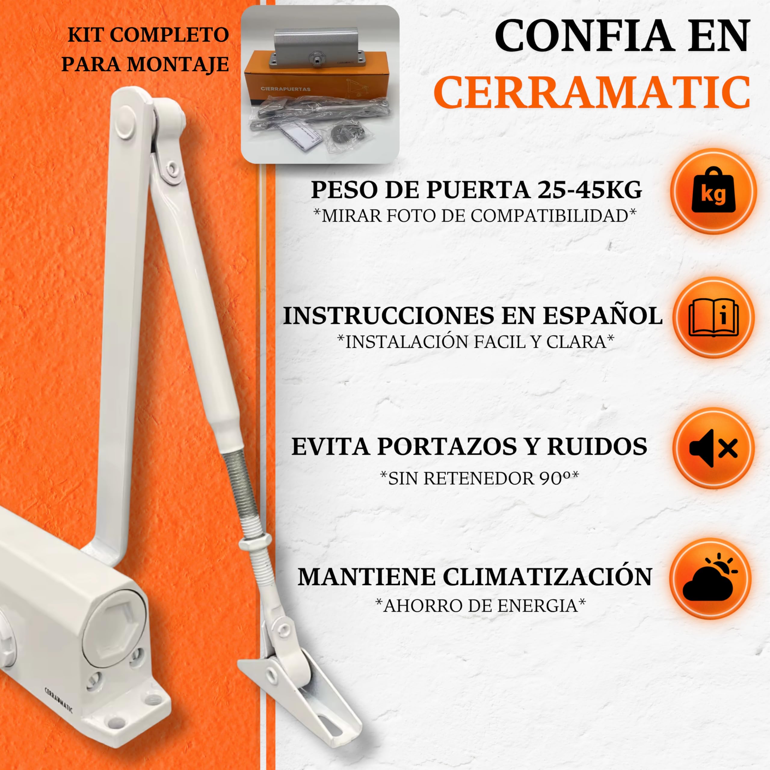 M-100, Cierrapuertas automatico, muelle puerta con brazo articulado hidráulico, muelle cierrapuertas de 25-40kg, cierre puerta, cierra puertas automatica.