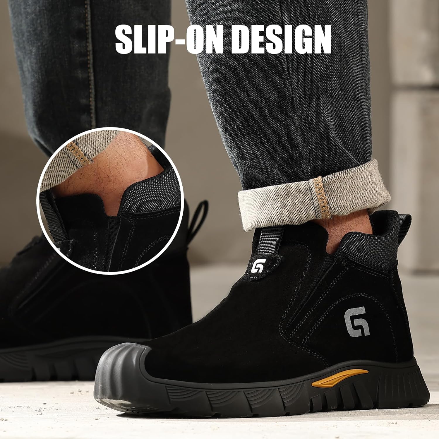 GLANOUDUN Mid Top Steel Toe Shoes Slip On Safety Toe Work Shoes for Men Spark-Resistant Suede Upper, Puncture Resistant Midsole, Laceless Black Protective Safety Footwear for Construction Welding