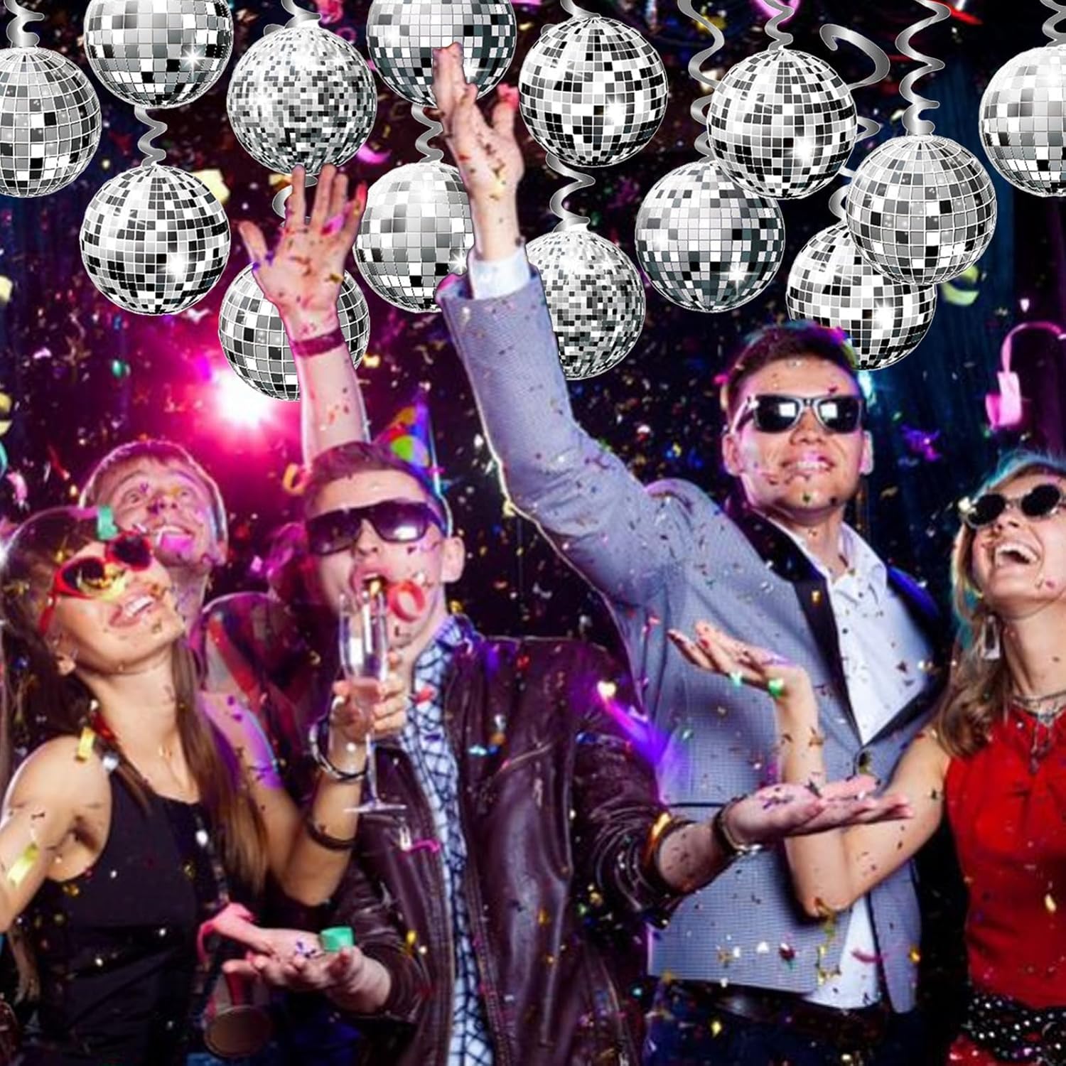 Guirlande de Décoration Disco, 2 Bannières de Boules à Paillettes Argentées+6 Spirales Suspendues, Guirlande de Décoration Disco Spirales, Décoration de Plafond de Fête Style Années 70, 80 et 90