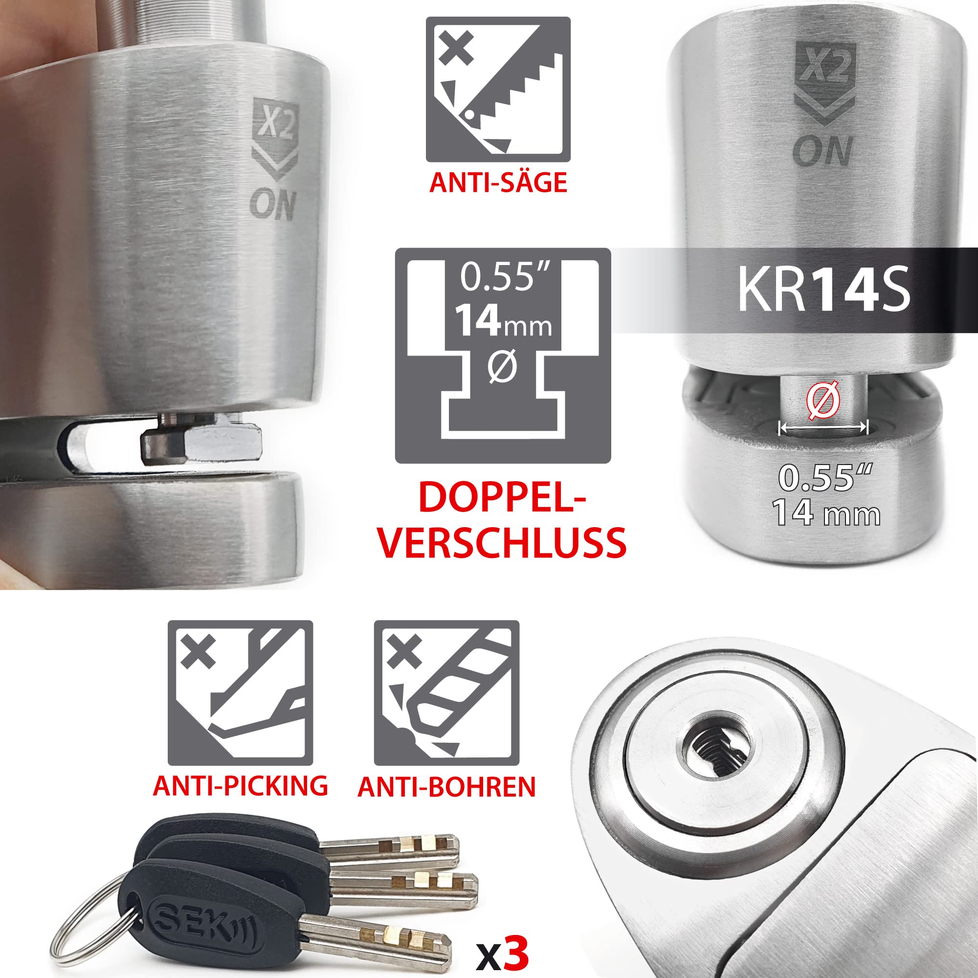 KRASER KR14S Bremsscheibenschloss Alarm für Motorrad, Roller, Motorradschloss Bremsscheibenschloss mit Zulassung Hohe Sicherheit, Motorradschloss mit Alarm Motorrad Schloss Bremsscheibe, 14mm