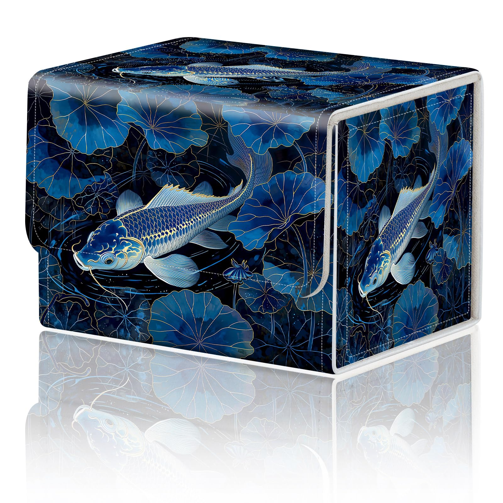 for TCG Deck Box Compact Portable MTG Card Box Organizer Trading Card Case Commander Deck Box MTG Card Game Storage Box Magnetic Closure Creative Pattern Up to 200 Cards, Blue Gold Koi Fish Lotus — image 1
