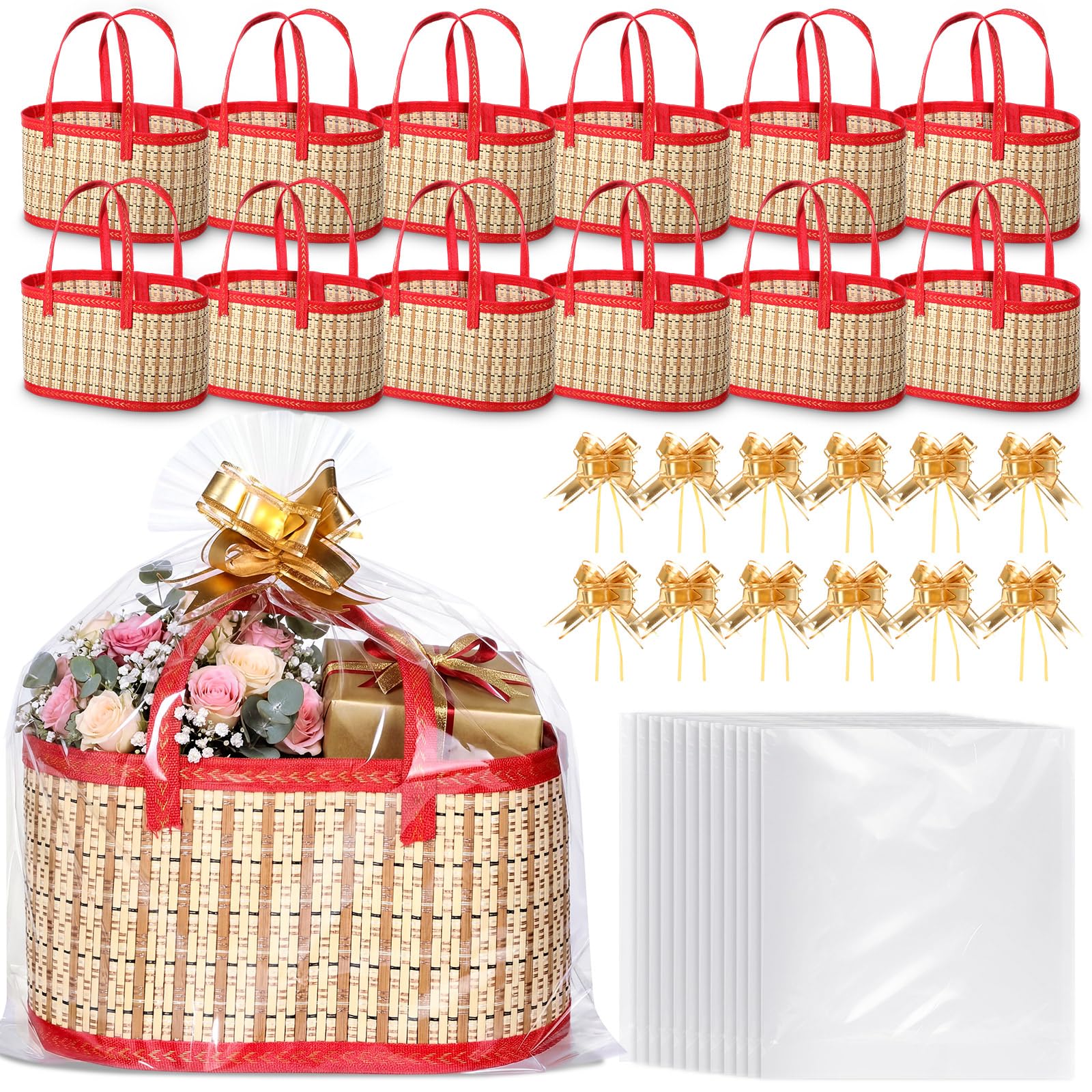 Reallnaive Leerer Geschenkkorb aus Bambus, mit transparenten Geschenktüten, Blumenband, faltbare Geschenkkörbe mit Griff, für Muttertag, Babytaufe, Geburtstag, Party, Einweihungsparty, 12 Stück