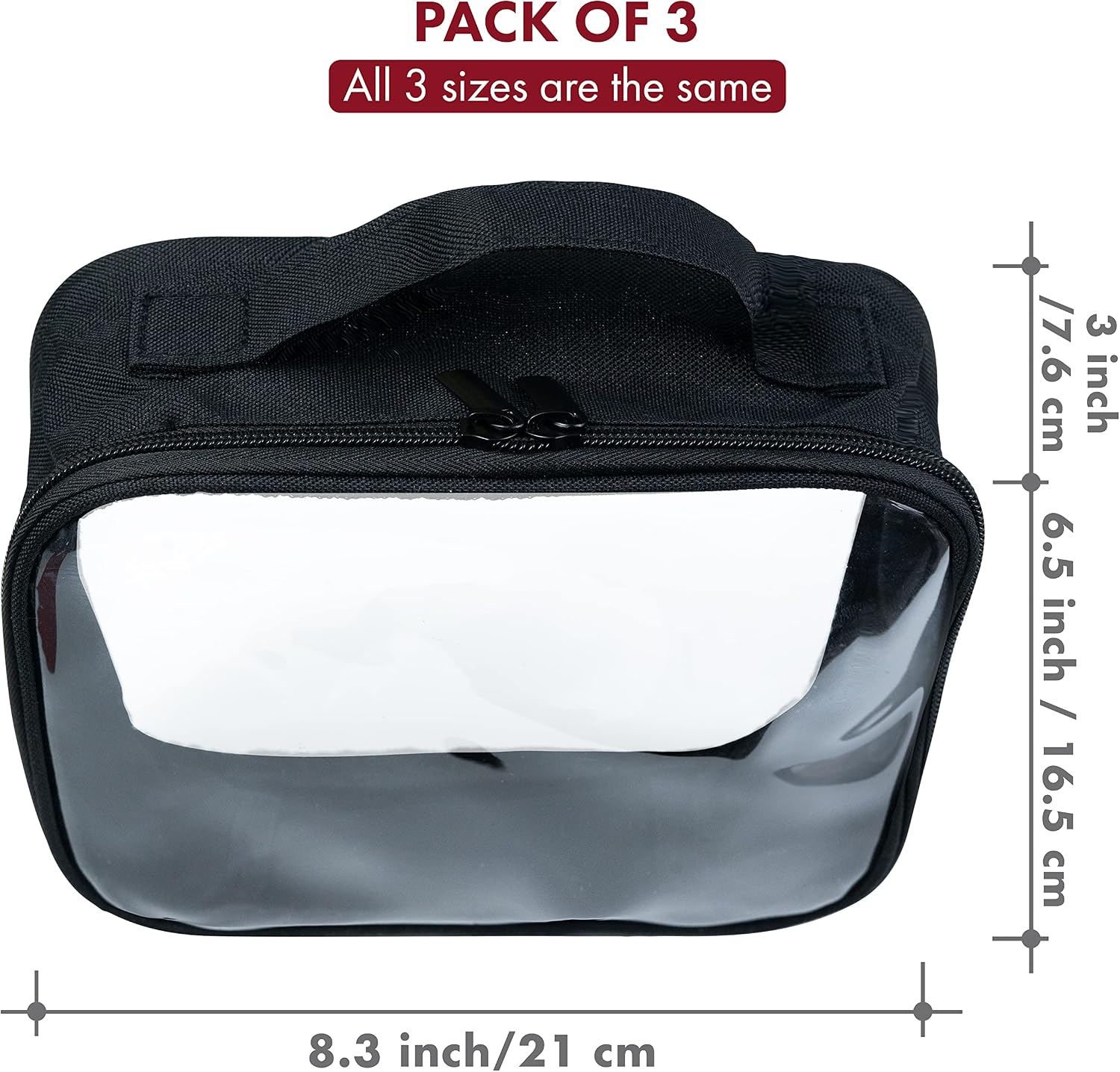 Clear Makeup Bags with Zipper 3pcs in Black, 6.5 x 8.3 inches - Quart Size, TSA Approved Toiletry Bag - Waterproof & Leak-Resistant PVC Clear Travel Bags – Perfect for Women, Men & Kids image 2