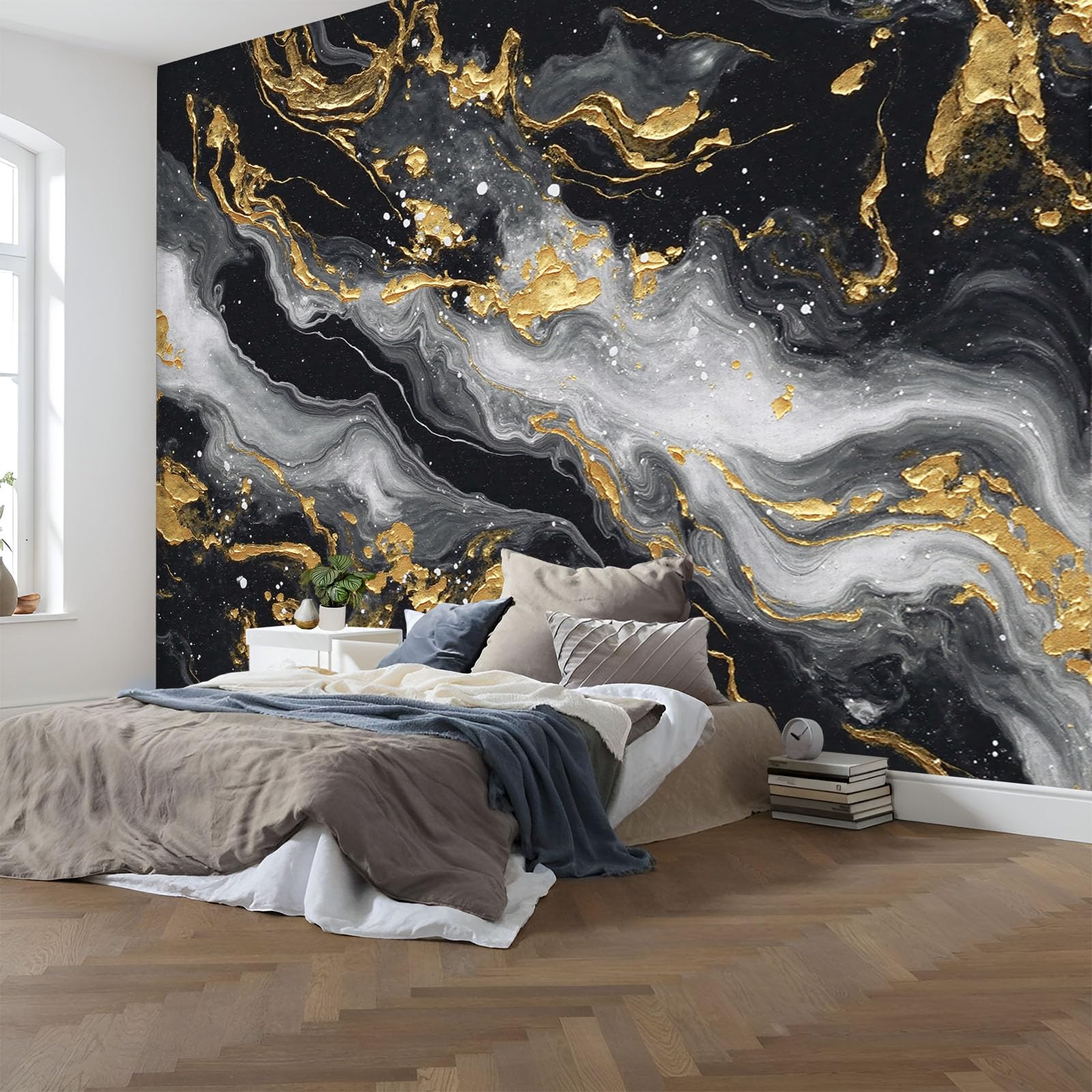 Fototapete Abstraktes Marmorgraffiti Tapete Luxus-Crack-Welle Tapeten Vliestapete Schwarzes Gold Modern Wandtapete Wohnzimmer Schlafzimmer Kinderzimmer Wanddeko Motivtapeten 250X175Cm (Bxh)