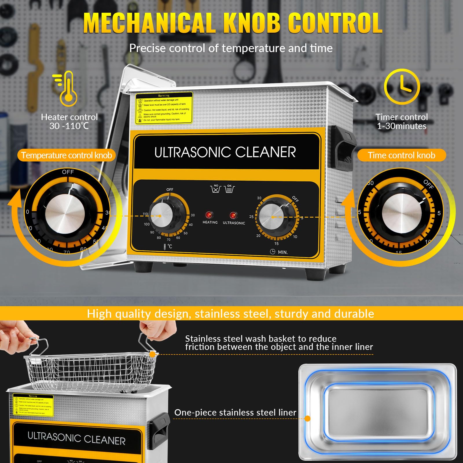 VELPAX 3.2L Pulitore Ultrasuoni Industriale con Riscaldatore e Timer Digitale 120W Acciaio Inossidabile Timer di Riscaldamento Digitale Pulizia Gioielli per Uso Domestico Personale Commerciale