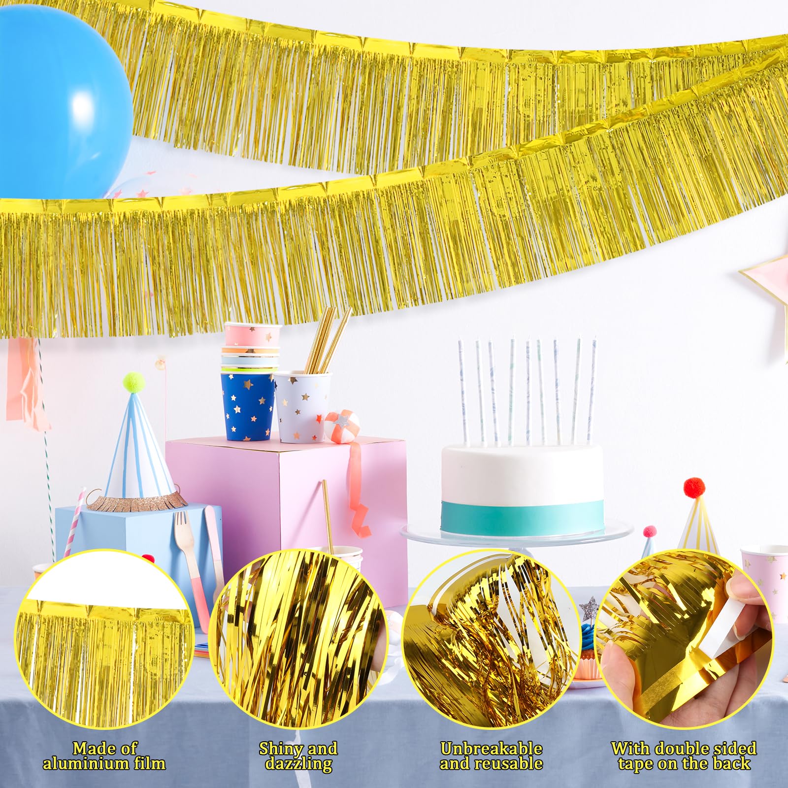 6 pakketten, gouden franjes, slinger, metallic, 30 x 300 cm, metallic folie, franjesslinger, hangdecoratie voor themafeest, verjaardag en bruiloft