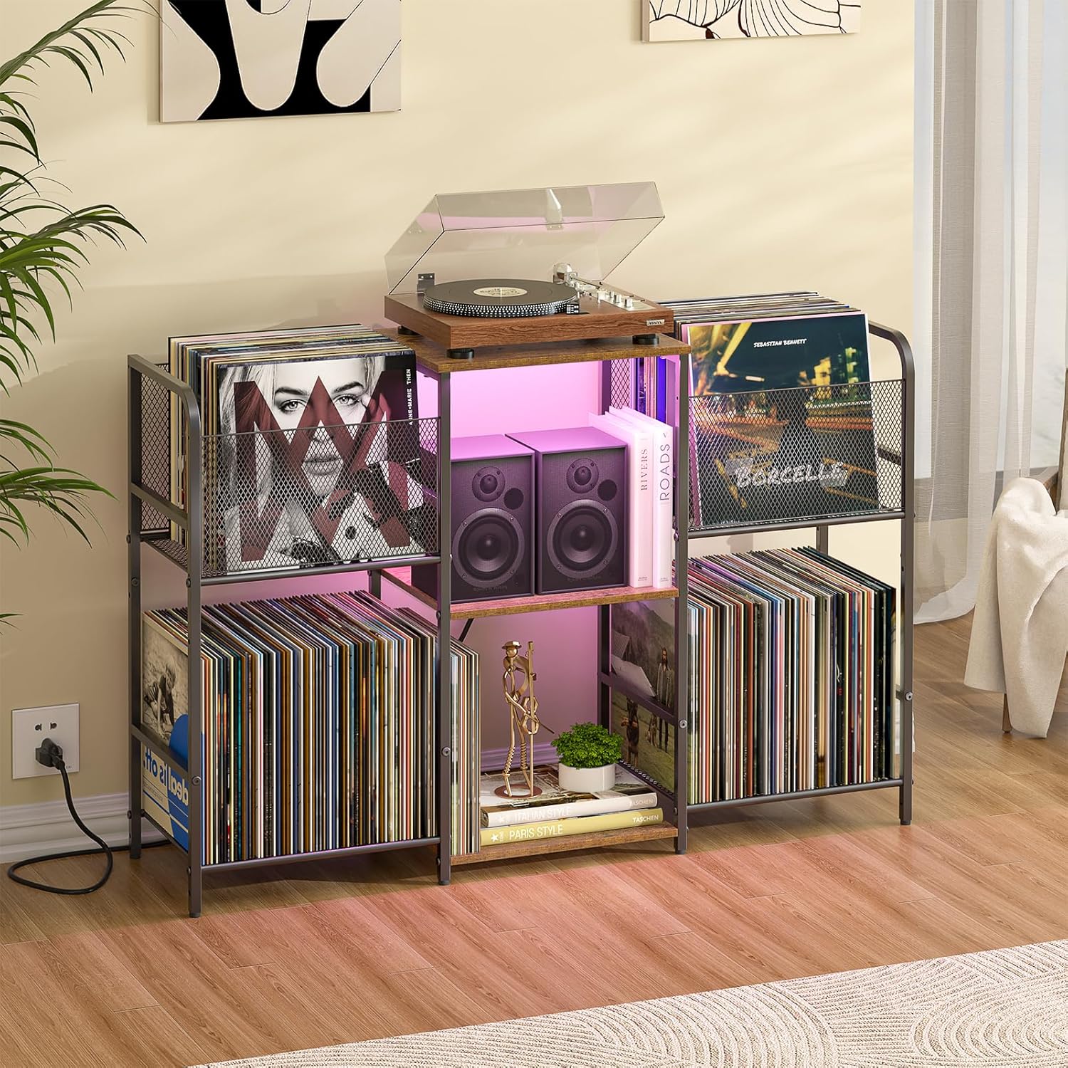 3IngSeagulls Record Player Stand with Power Outlets and LED Light, Turntable Stand Storage Up to 350+ Albums, Record Player Stand with Vinyl Storage, Tuntable Stand with Record Holder for Living Room