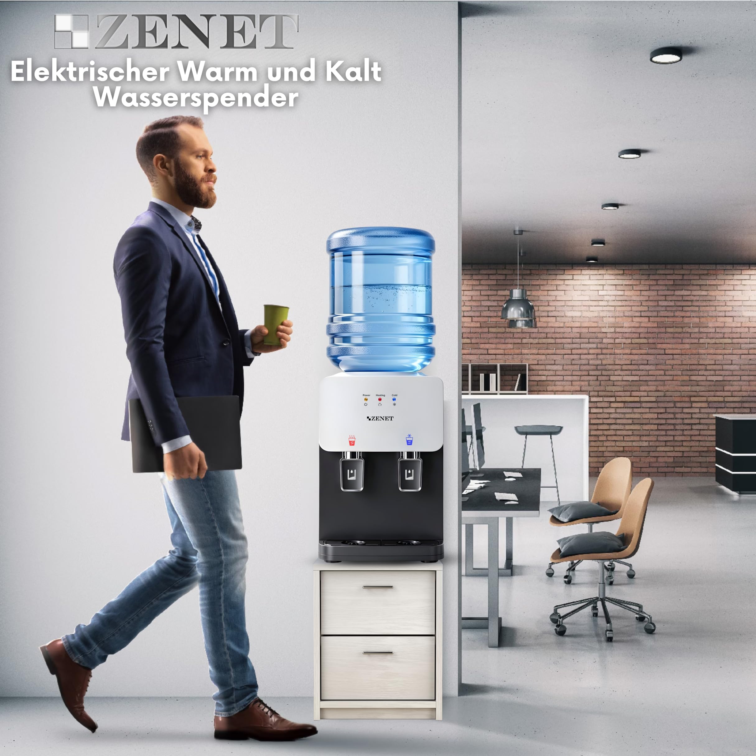 ZENET Wasserspender, Elektrischer Heiß- & Kaltwasserspender (Schwarz/Weiß) | Wasserkühler für Zuhause, Küchen und Büro, Klein Tisch-Wasserautomat mit Kühlung, Ohne Wasseranschluss, 19-20L Gallonen