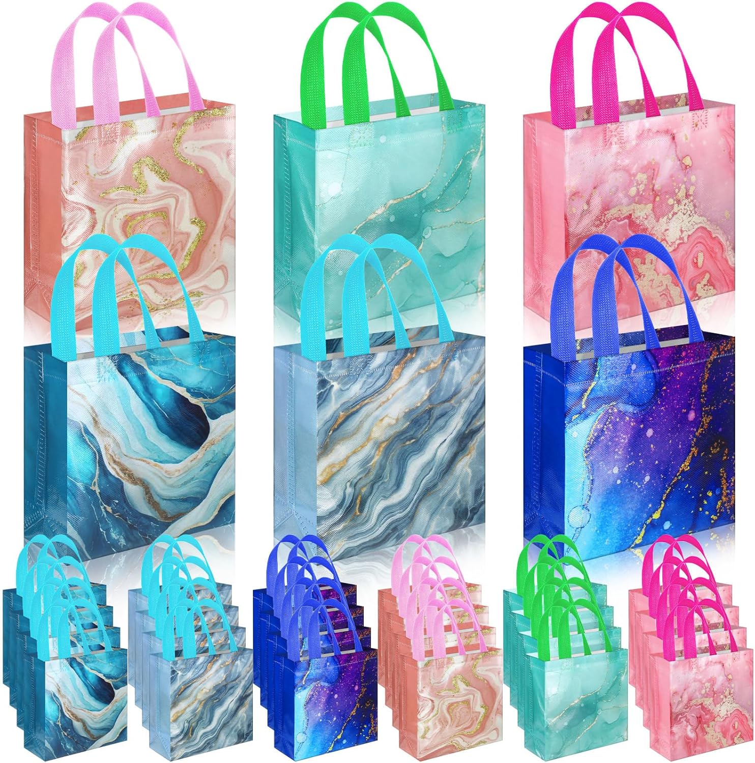 Sweetude 40 Pcs Marble Gift Party Favor Bags with Handle, Non Woven Goodie Bags Colorful Marble Party Favor for Birthday Supplies