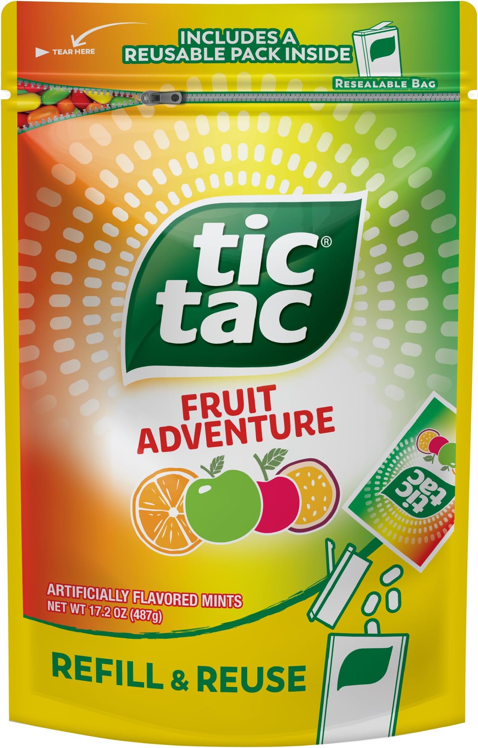 Tic Tac Bulk Resealable Refill Bag, Fruit Adventure Mints, On-The-Go Refreshment, Includes Empty Refillable Pack, 17.2 oz
