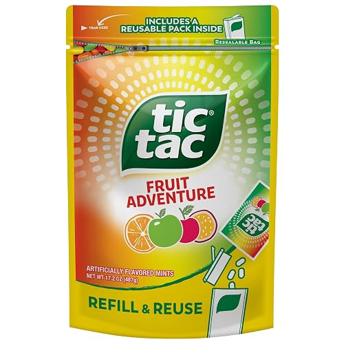 Tic Tac Bulk Fruit Adventure Refill Bag, On-the-Go Pocket-Sized Mints, Includes Empty Refillable Pack, 17.2 oz