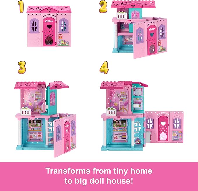 Barbie Chelsea Toy Dollhouse with 15+ Accessories, Pop-Up House Expands to 17+ x 13+ inches with 5 Play Areas & Slide, Includes Small Doll & Pet Dog