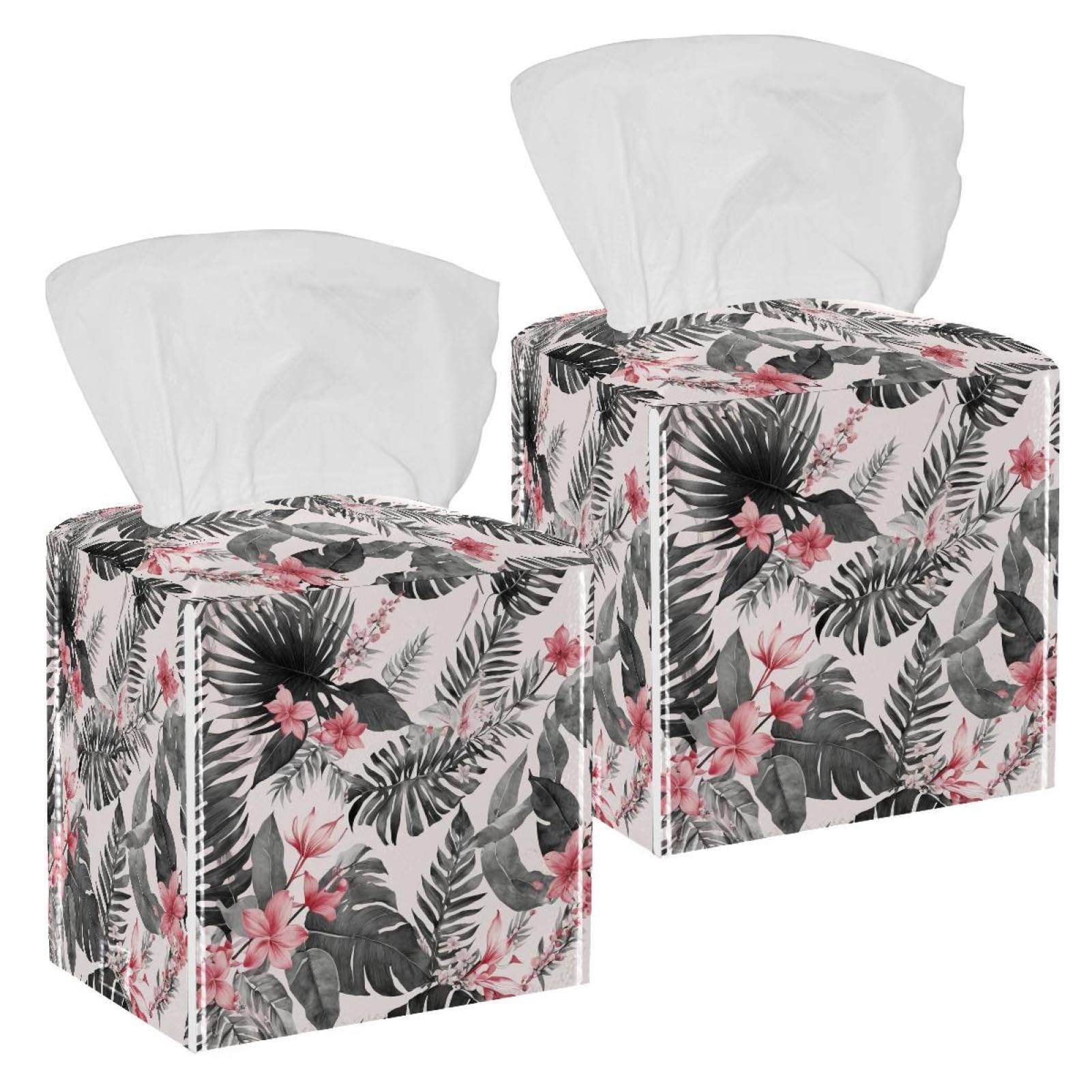 Artistic Leaves Tissue Box Cover, 2 Pack PU Leather Square Facial Tissue Dispenser Box holder for Home Office Car