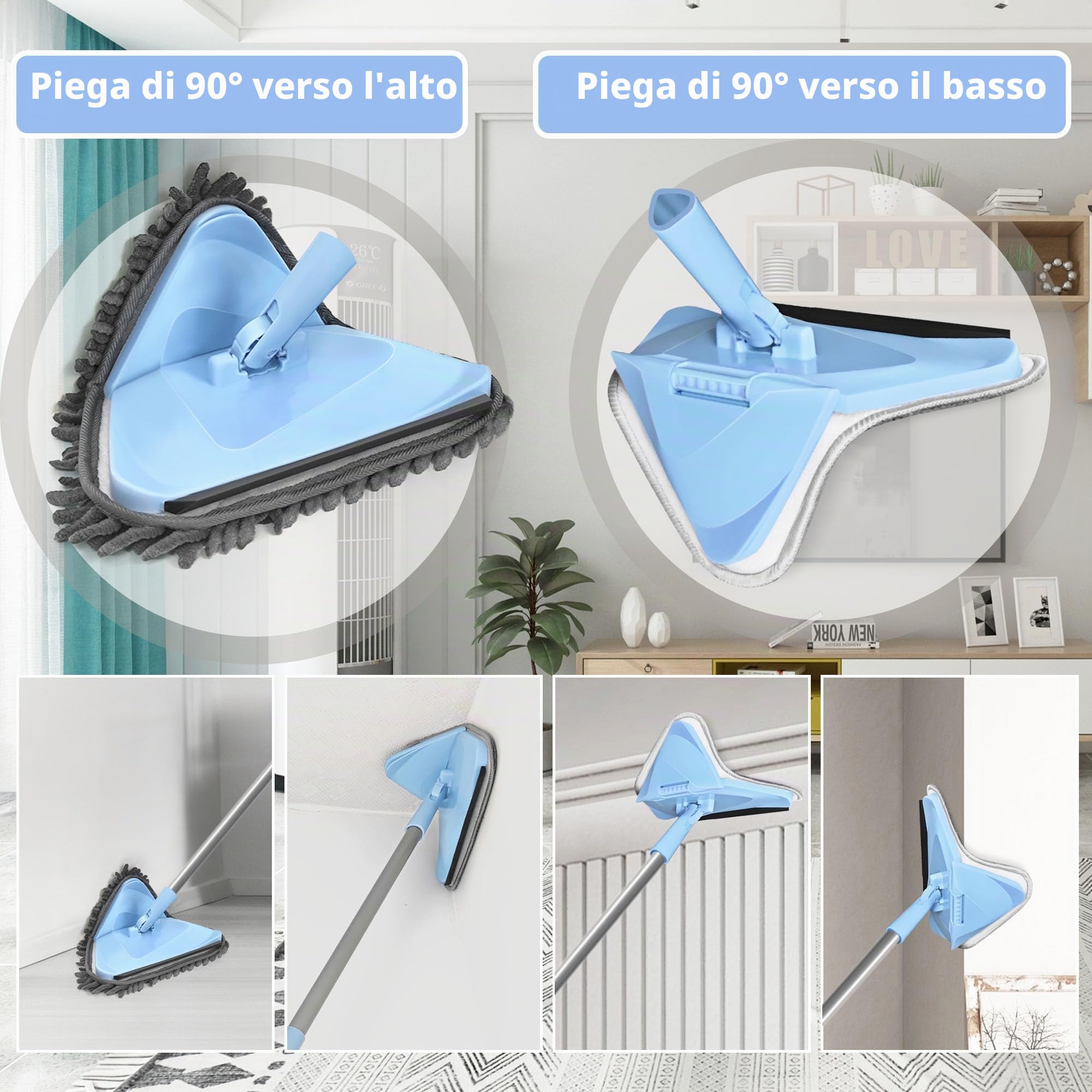 NEWE Mocio Triangolare Allungabile con Manico Lungo 202 cm e Tergivetro, Mop Lavapavimenti Pieghevole a 180° , Pulizia Pavimenti con con 6 Tamponi in Microfibra Ciniglia per Pareti, Finestre, Soffitti