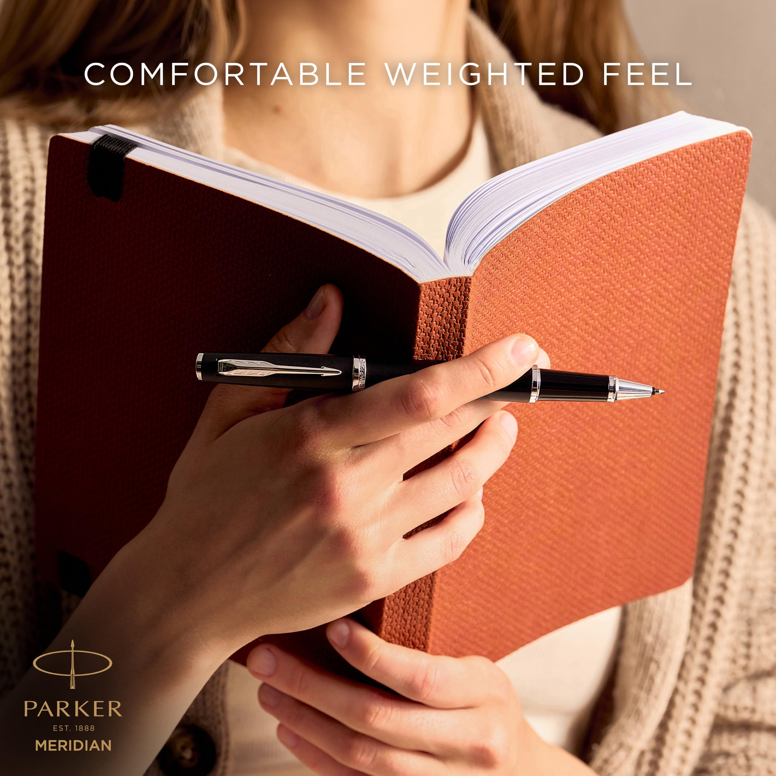 Parker Meridian Stylo roller | Laque noire mat avec garnitures chromées | Plume fine | Stylos pour l'écriture et Fournitures de papeterie | Encre noire | Boîte cadeau de luxe