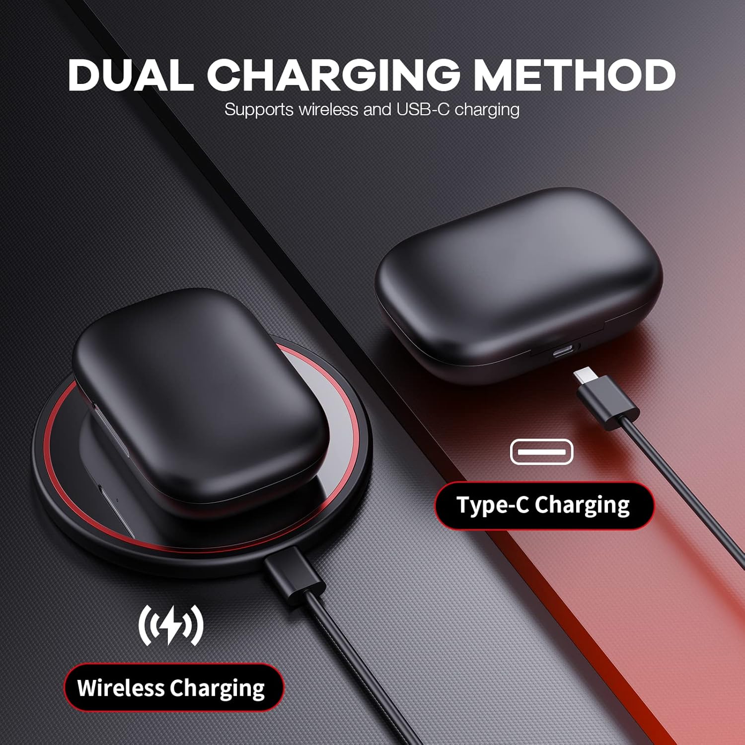 Charging case on a wireless charging pad and connected via USB-C cable.