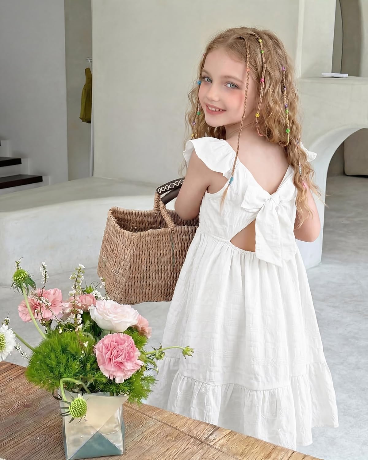Stelle Girls Square Neck Ruffle Sleeve Tie Back Smocked Midi Dress Summer Solid Color Casual Dresses for Girls 4-15Y