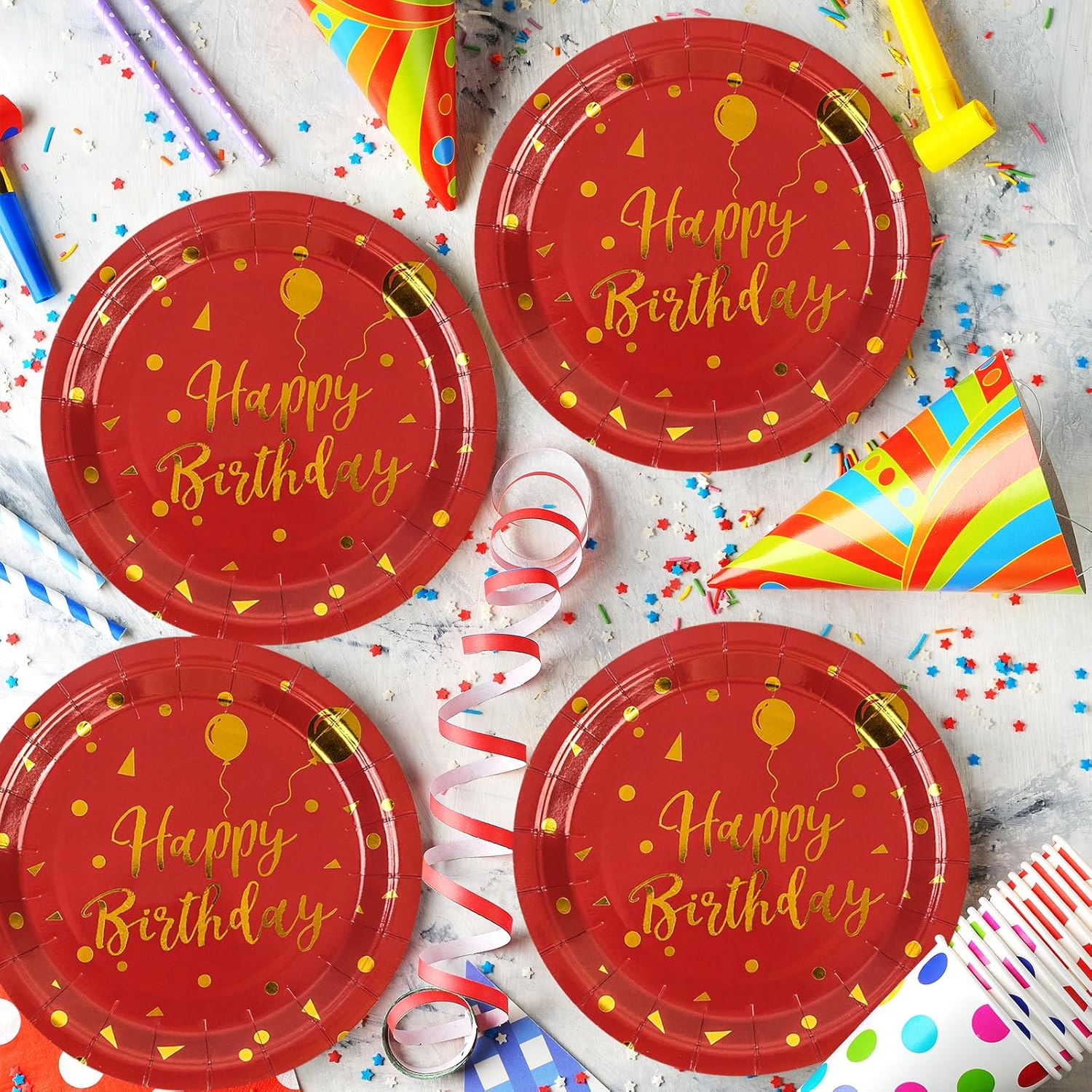 50PCS Happy Birthday Red and Gold Paper Plates, 9 inch Metallic Foil Polka Dots Disposable Dessert Party Plates Party Supplies for Graduation Birthday Cocktail Weddings Holiday - Image 4