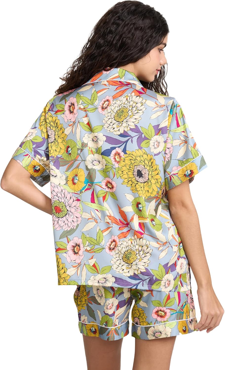 Womens Silk Satin Shorts Pajamas Set Button Down 2 Piece Pjs Short Sleeve Oversized Sleepwear with Pockets - Image 3