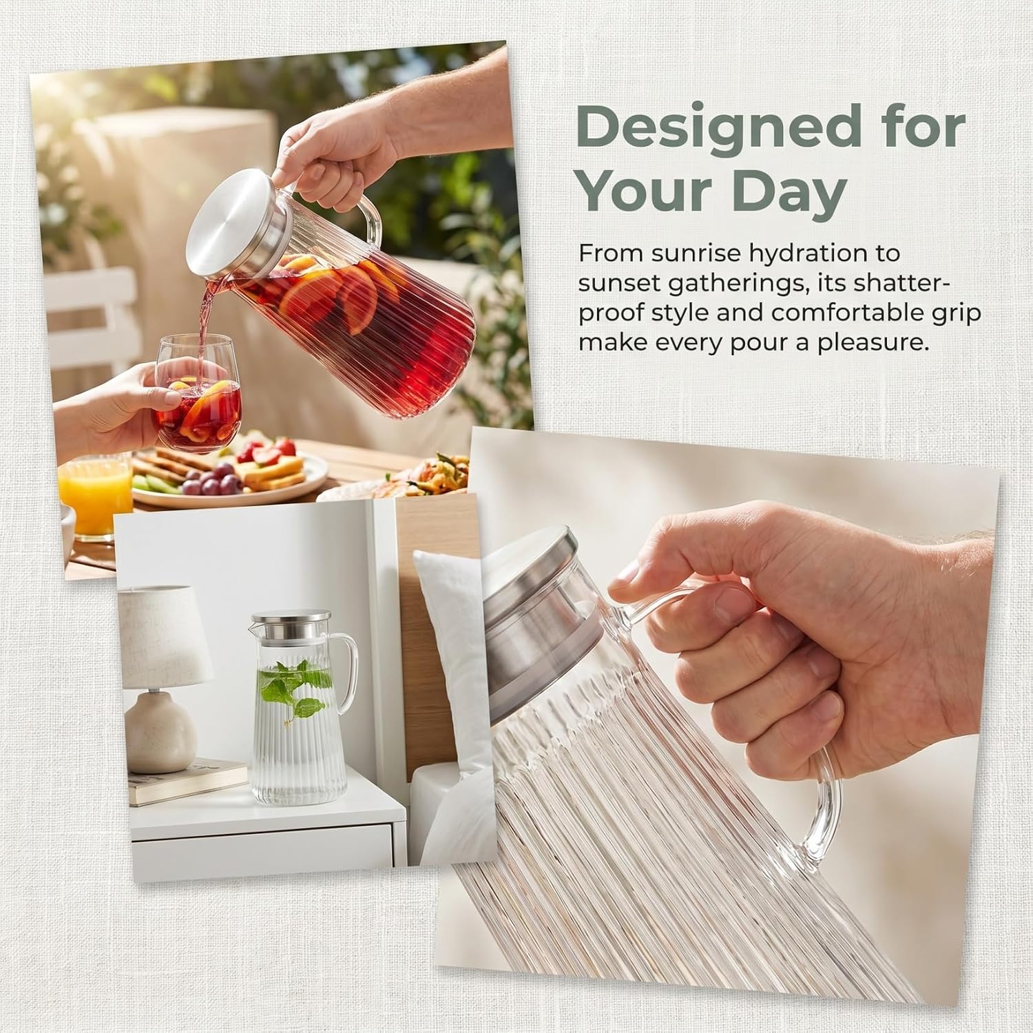 SHINEOFI Acrylic Pitcher (50 Oz) Clear Plastic Water Pitcher with Lid Fridge Jug Shatter Proof Juice Containers for Water Milk Sangria Lemonade Cold Hot Drinks