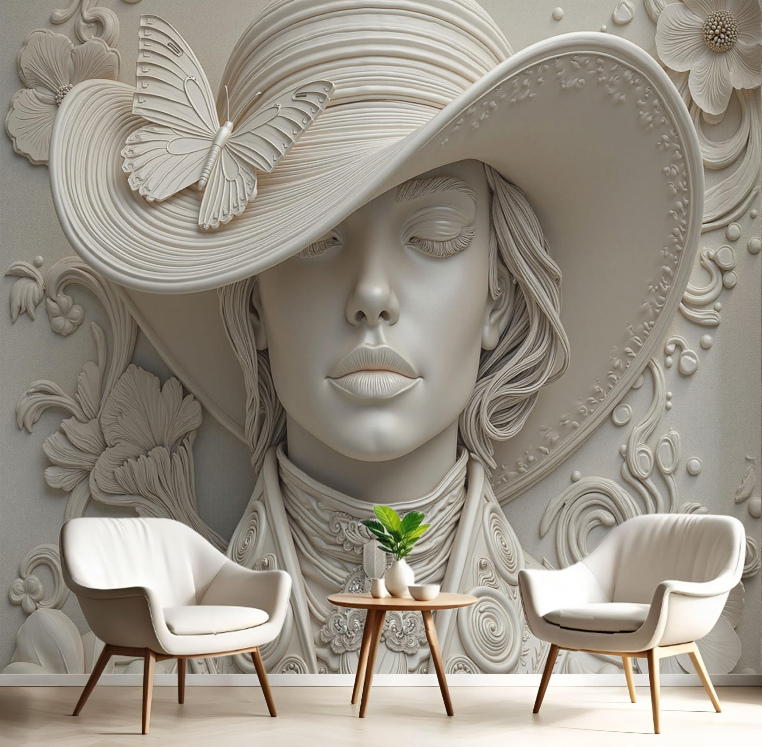Papier peint panoramique beige de haute qualité avec fresque de sculpture élégante en 3D