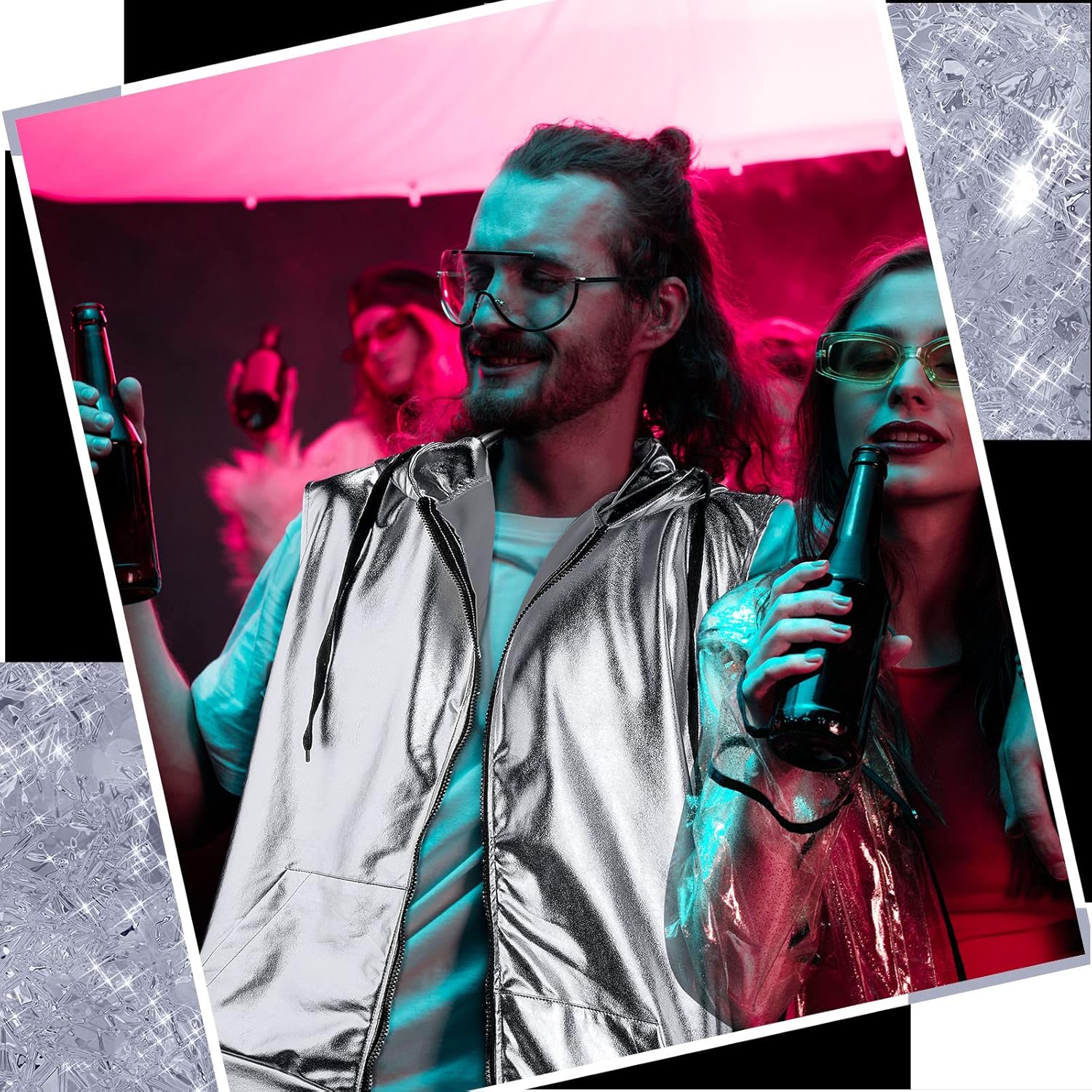 Sintege Men's Metallic Shirt 70s 80s Men Disco Outfit Metallic Hooded Tops Hoodie Shirts for Disco Party - Image 2