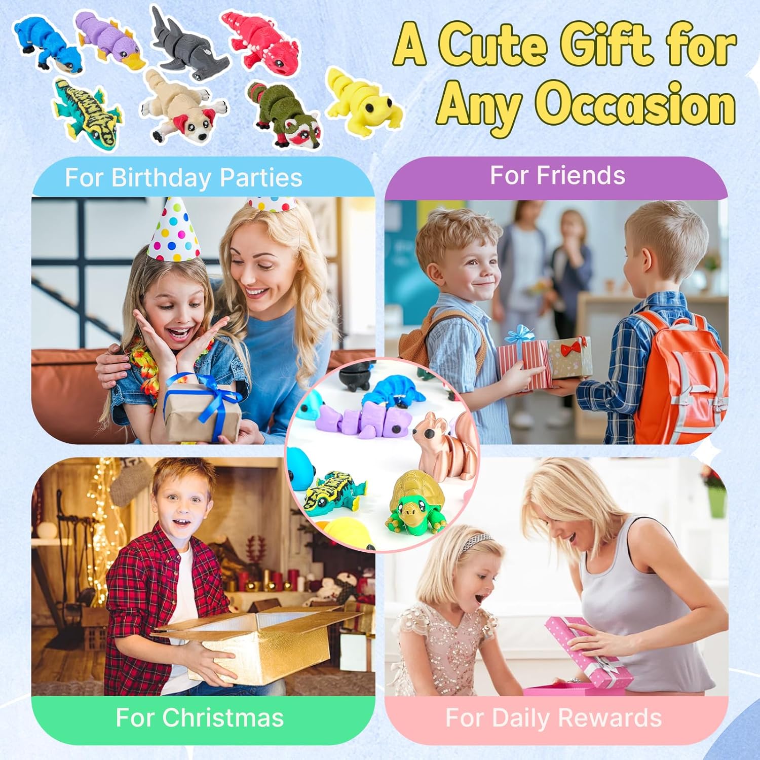 58 PCS 3D Printed Animals, Articulated Mini Animal Figures, Flexible Fidget Toys, Bulk Classroom Rewards, Colorful Desk Decor, Collectible 3D Print Toys