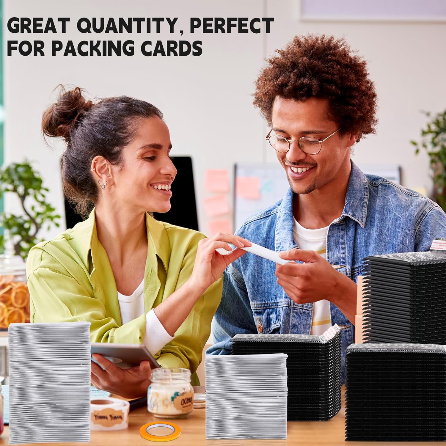 Engrowtic 302 Pcs Trading Card Shipping Protector Set Include 200 Precut Plastic Inserts Card Mailers 100 Poly Bubble Mailers Padded Envelopes and 2 Masking Tape (Black,5.5 x 6.3 Inch)