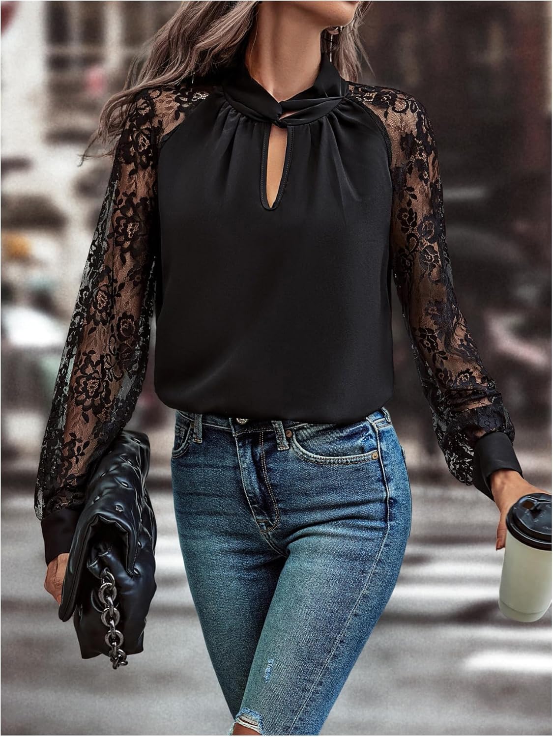 GORGLITTER Women's Lace Long Sleeve Twist Front Top Keyhole Neck Dressy Business Office Blouse Shirt Top - Image 2