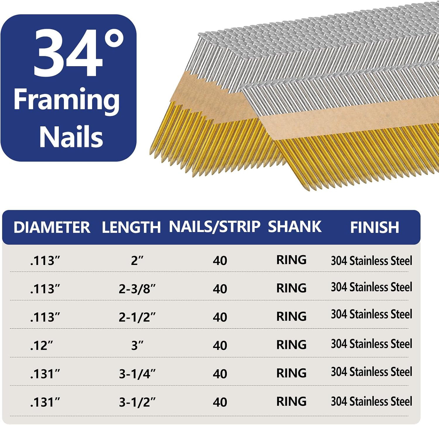 SS304 30-34 Degree Framing Nails 2.0" x .113" Ring Shank 320 PCS | 304 Stainless Steel D Head Paper Tape Strip Nails fit Pneumatic & Electric 30-34° Framing Nailers for Outdoor Building Works