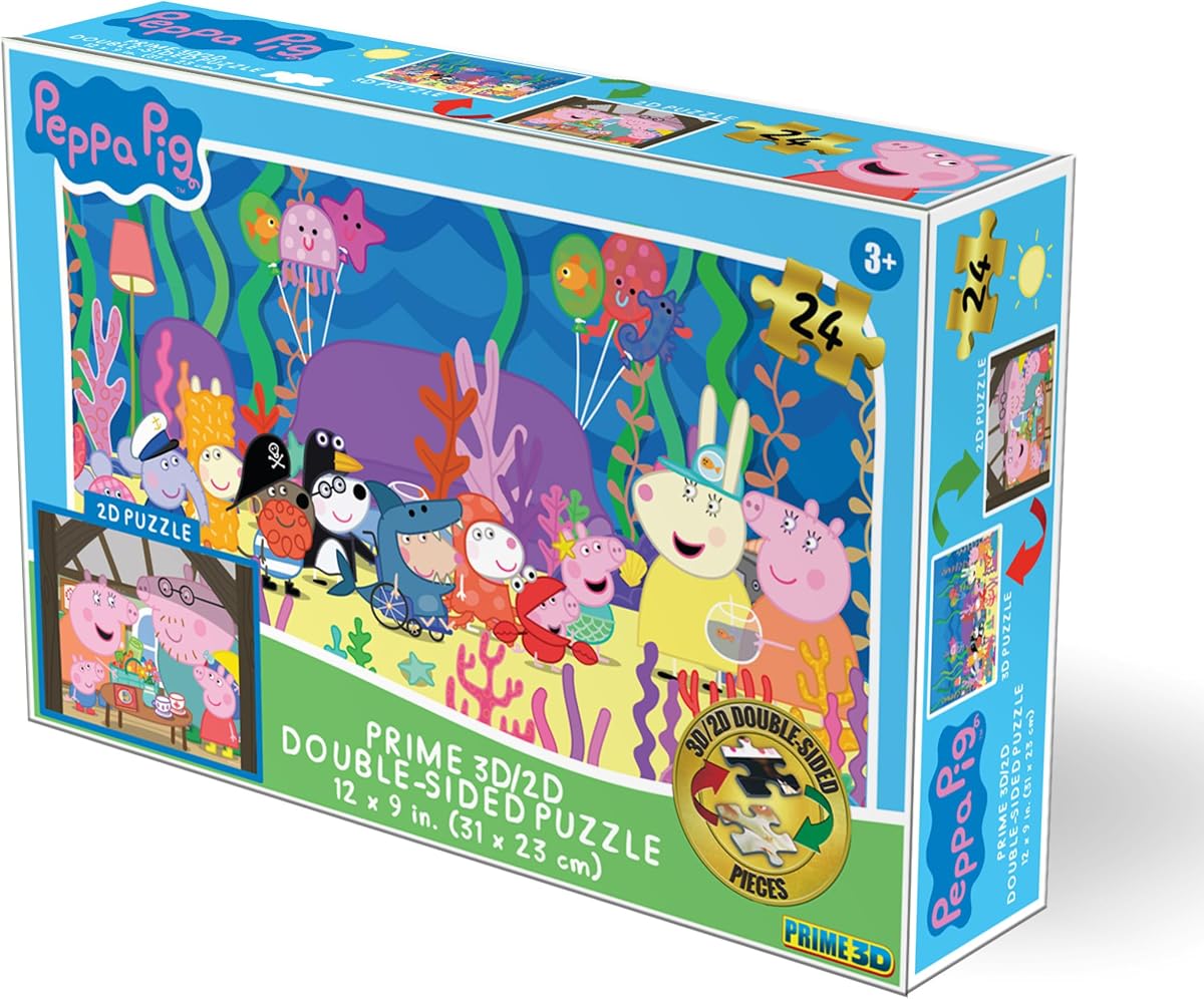 Prime 3D Hasbro Peppa Pig, 24-Piece 3D/2D Jigsaw Puzzle, 12x9 | Immersive 3D Lenticular Effect - 3D & 2D Double-Sided Design - Premium Cardboard Pieces - Ages 3+