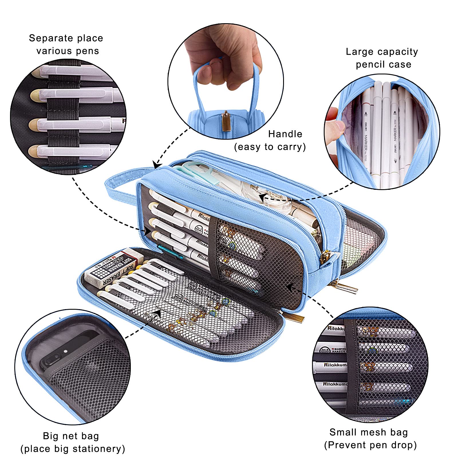 Grande Trousse À Crayons En Cuir Avec Compartiments Et Double Fermeture