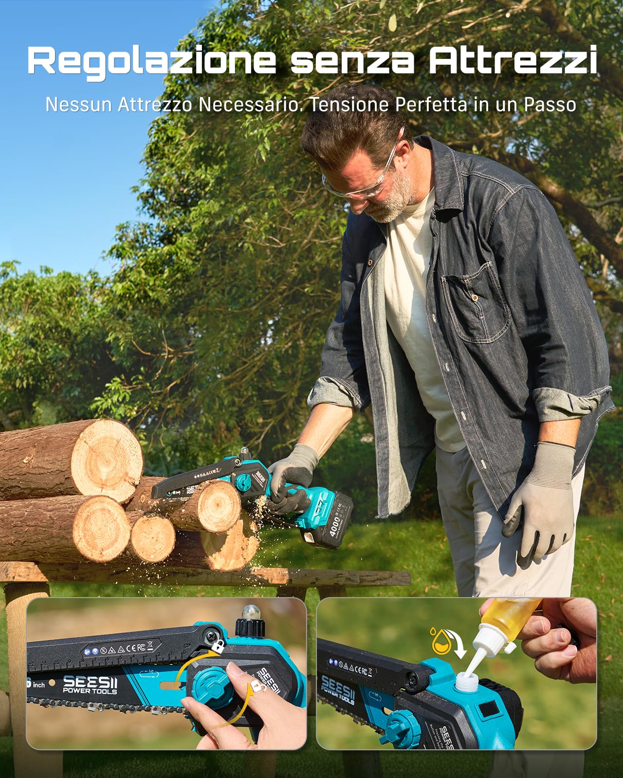 SEESII 2-in-1 Potatore Telescopico a Batteria, 6 Pollici Mini Motosega Brushless con 2 x 4000 mAh Batterie, Portata 4,87 m, Ideale per Esterno e Giardinaggio