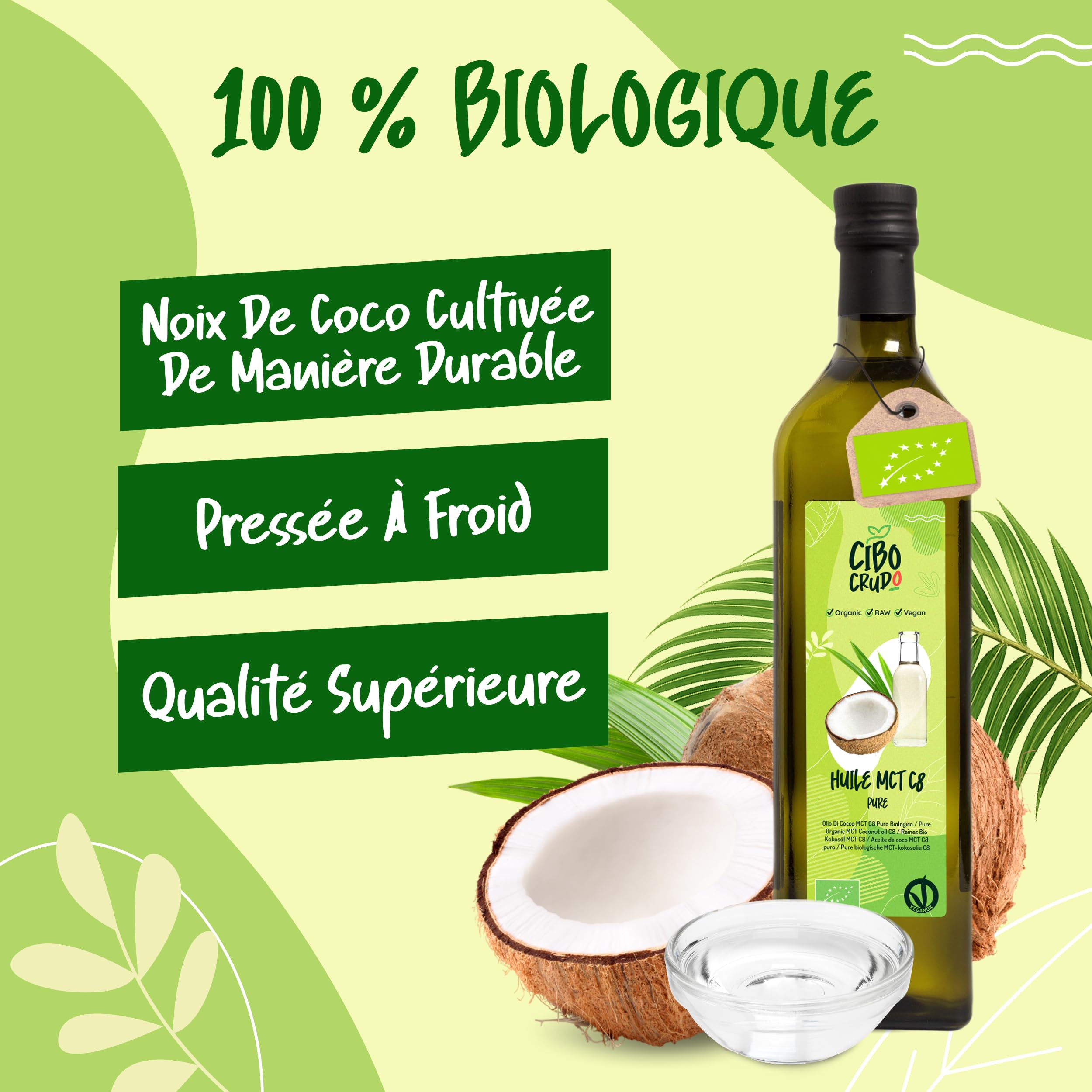Huile MCT C8 Pure Biologique Pressée à Froid - 1LT. MCT Oil Commestibile Bio pour Keto Paleo ou pour Usage sur Corps et Cheveux. Huile Vegan et Végétarienne. - Bio Oil