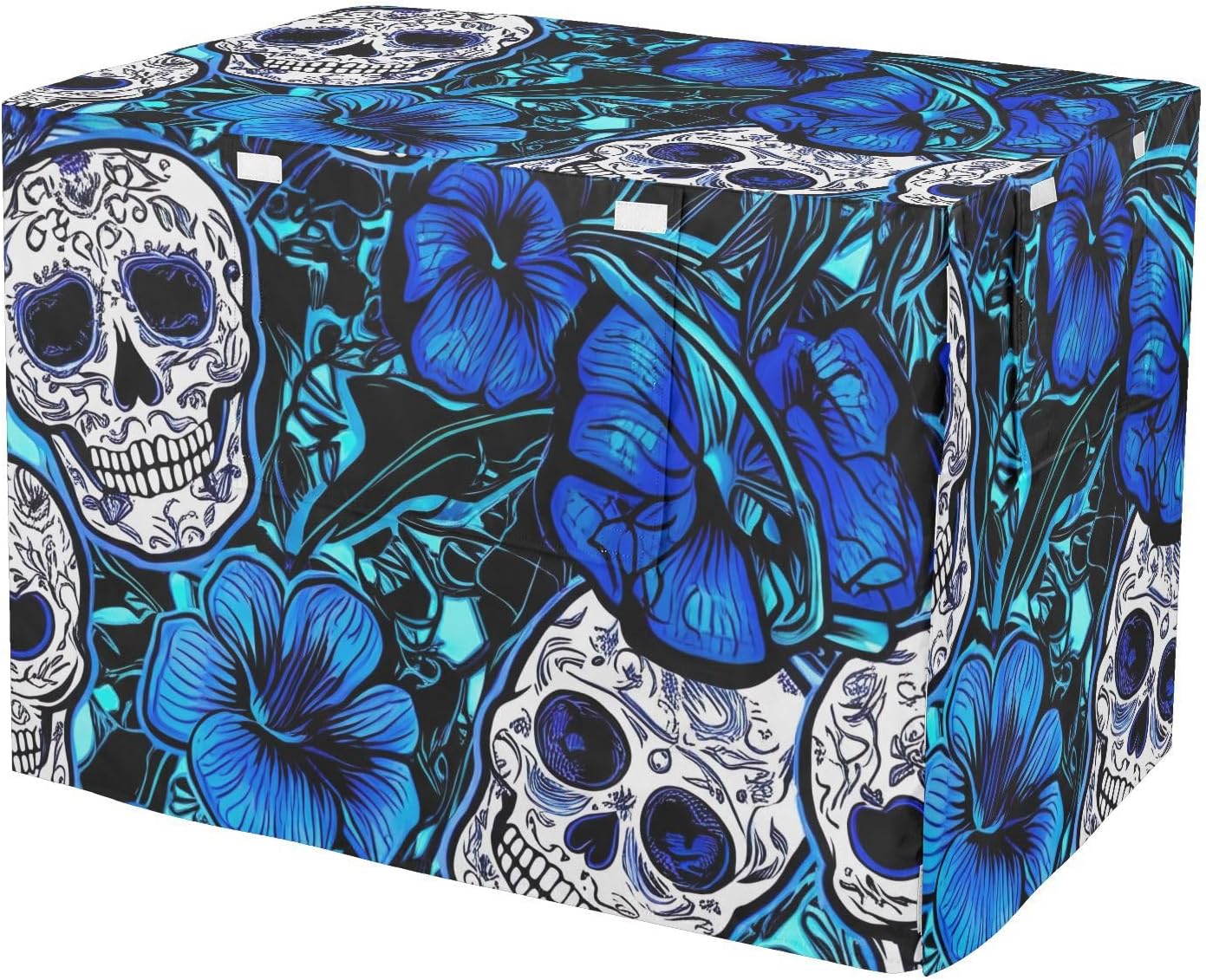 Blue Flowers Sugar Skulls Pet Crate Cover with Roll-up Sides, Windproof Crate Cover, Large