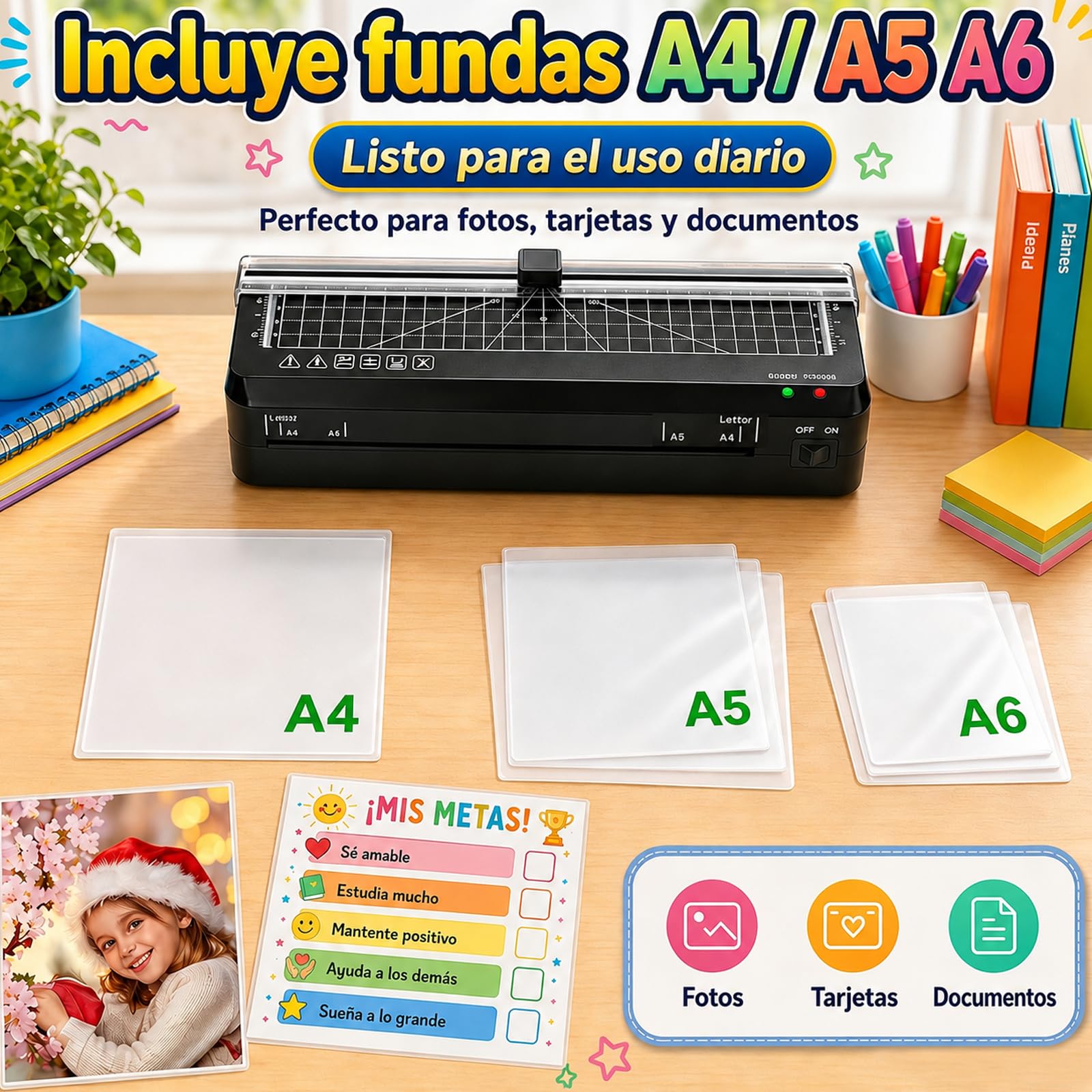 Plastificadora A4 Máquina plastificadora térmica A4 con 70 sg calentamiento rápido y Cortador de Papel. La plastificadora portátil con Función ABS para Colegio Oficina Hogar