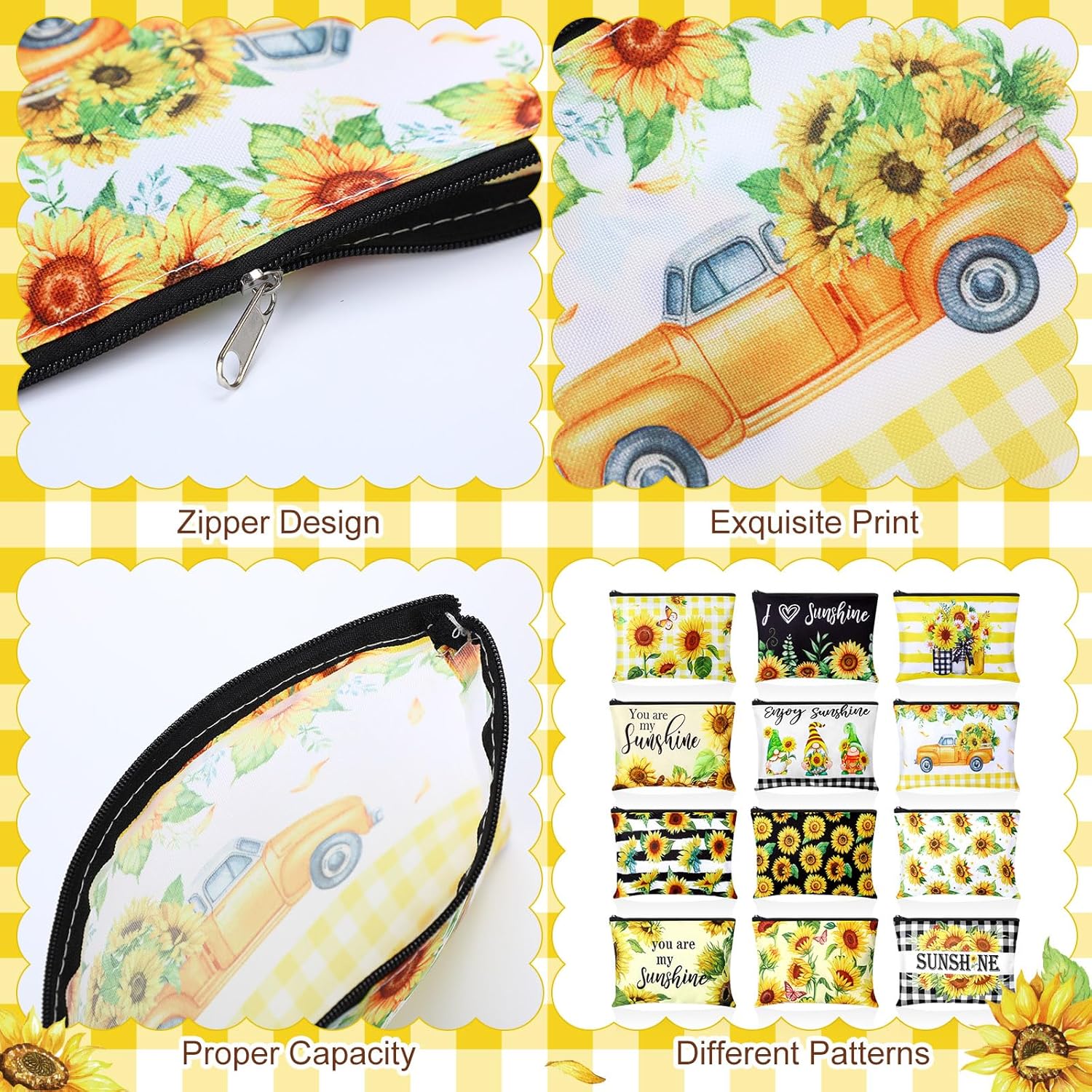 Blosssound 24 Pcs Cosmetic Bags Makeup Bags Bulk Cute Portable Pouches with Zipper Travel Toiletry Organizer Purse Women's Gift Birthday Party Favors(Sunflower)