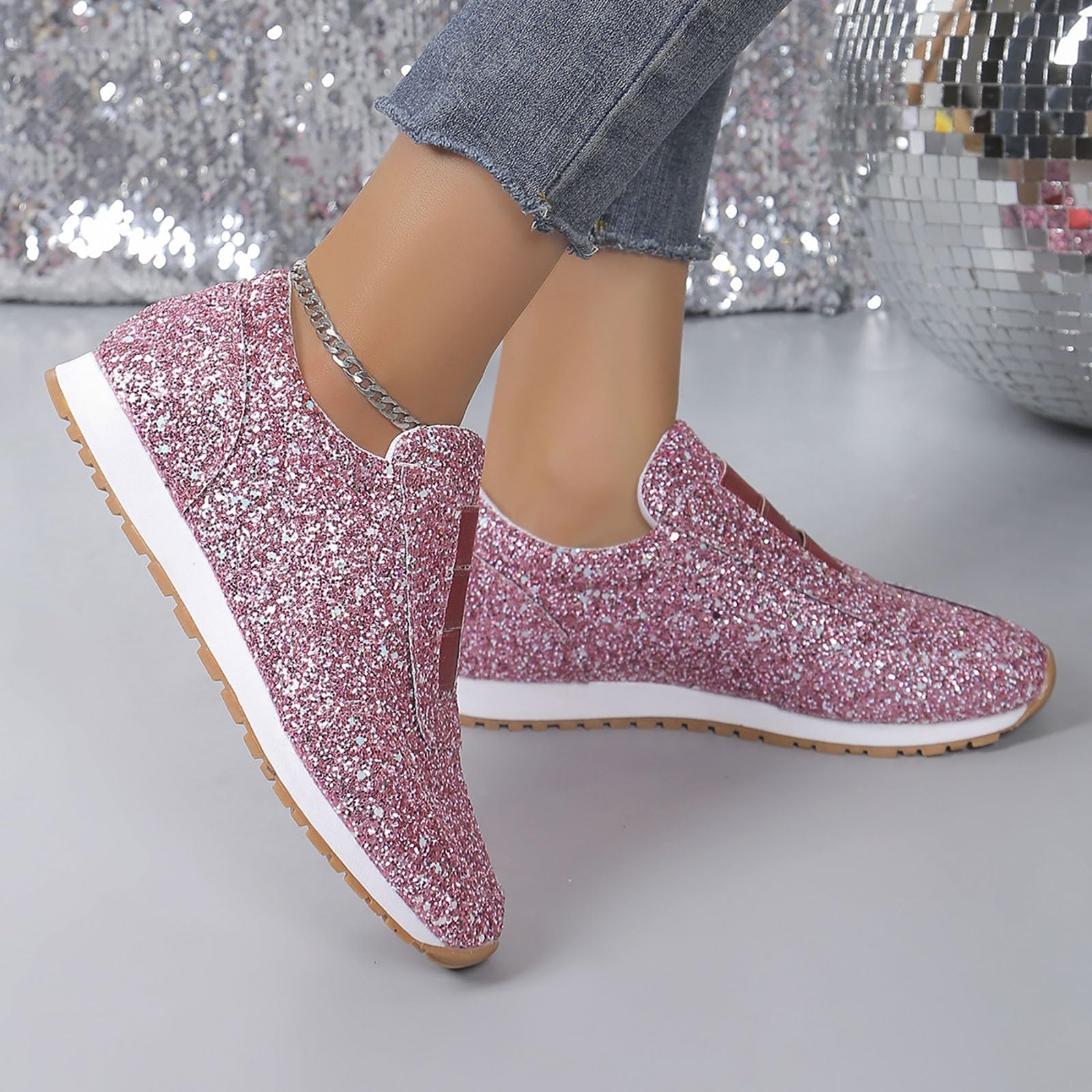 Scarpe da ginnastica da donna glitterate, eleganti, comode, slip-on | Scarpe sportive traspiranti, leggere, antiscivolo, per attività all'aperto, fitness, camminata