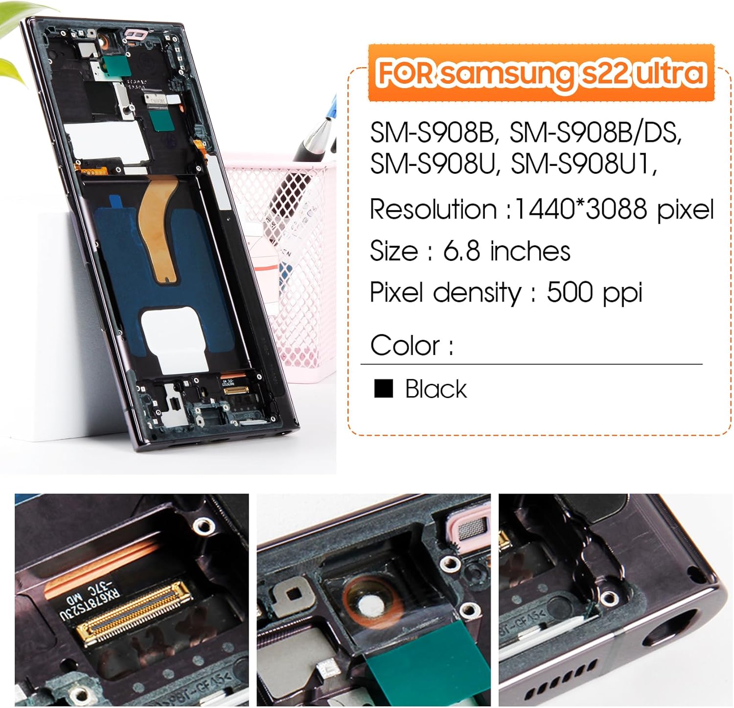 OLED Screen for Samsung Galaxy S22 Ultra 5G Screen Replacement S22 Ultra 5G LCD Screen SM-S908B Touch Display Digitizer Assembly Repair Parts with Frame(US Version,with Fingerprint Function)