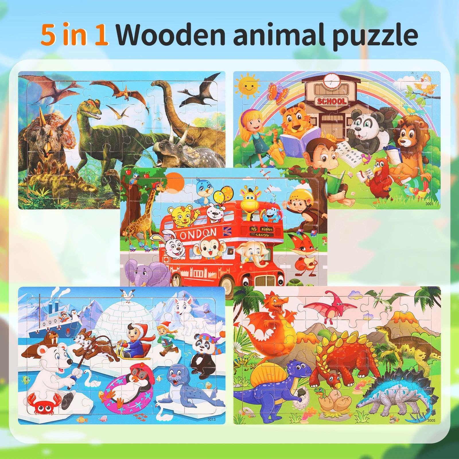 Puzzle in Legno per Bambini, 5 x 24 Pezzi, 22.5 x 15 cm, Età 3-6 Anni, Educativo