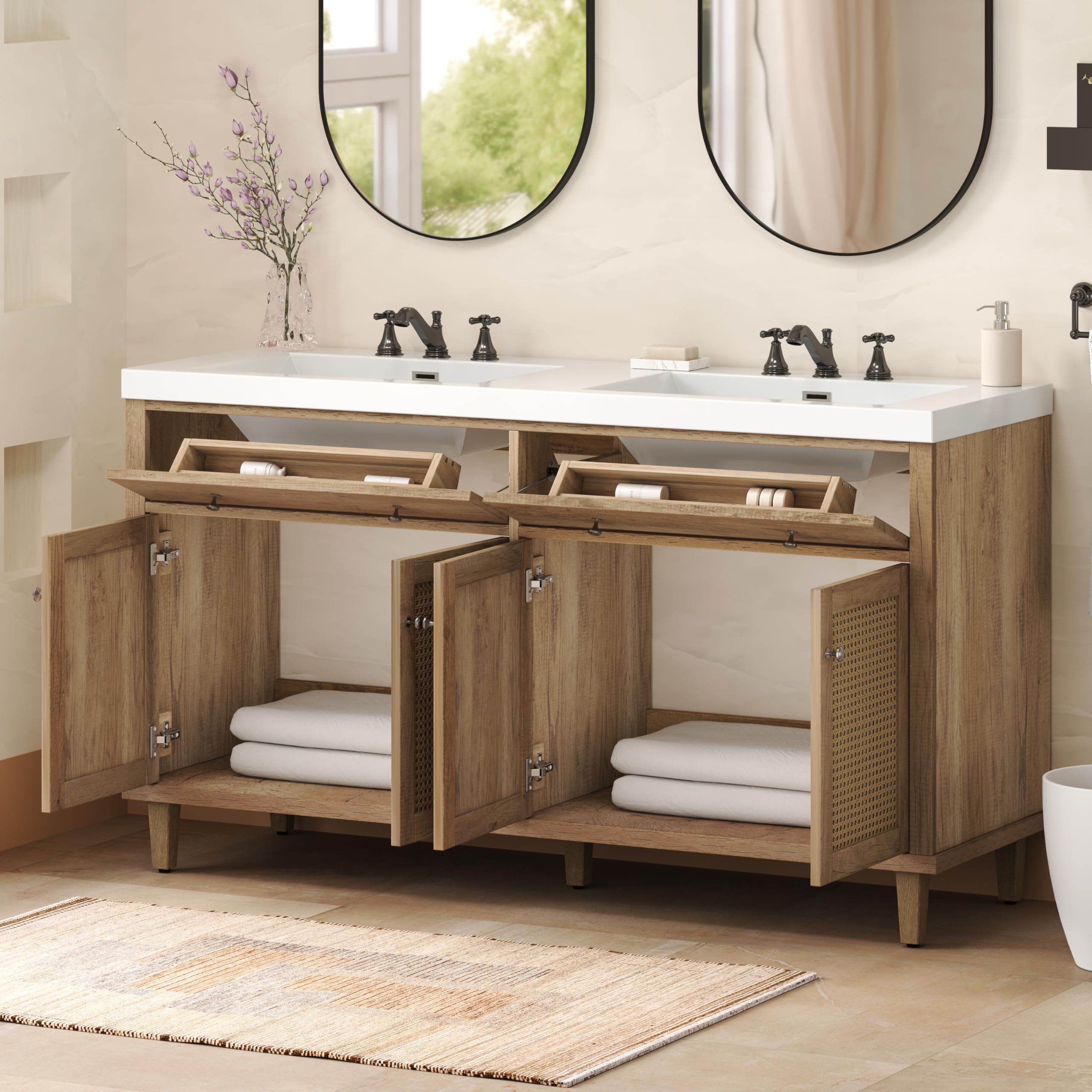 60" White Bathroom Vanity - SMC Sink with Soft Close Drawers, Solid Wood Legs and Silver Metal Knobs (Wood-B)