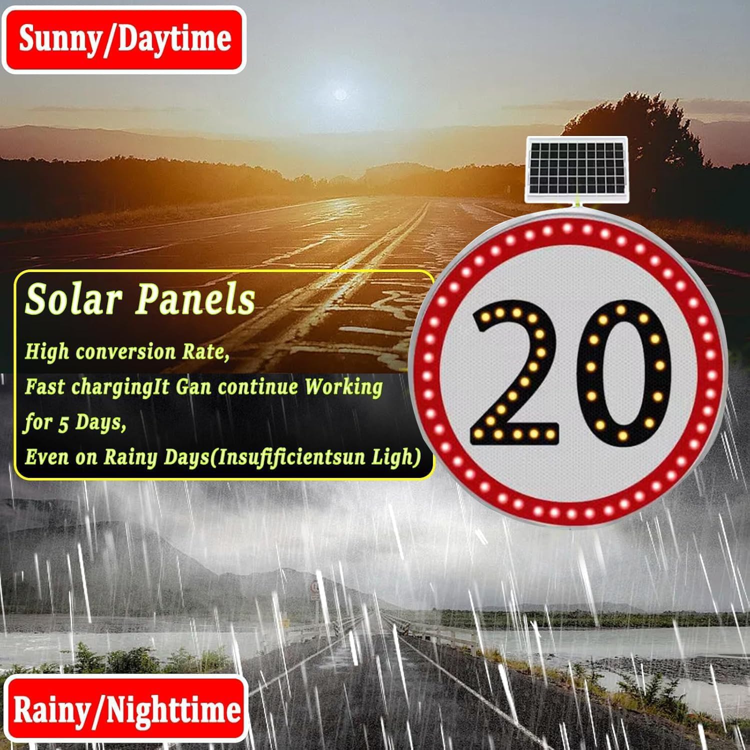 24" LED Flashing Solar Powered Speed Limit 20/30/40/50/60/80 Sign Sign in Traffic Road Highway (20)