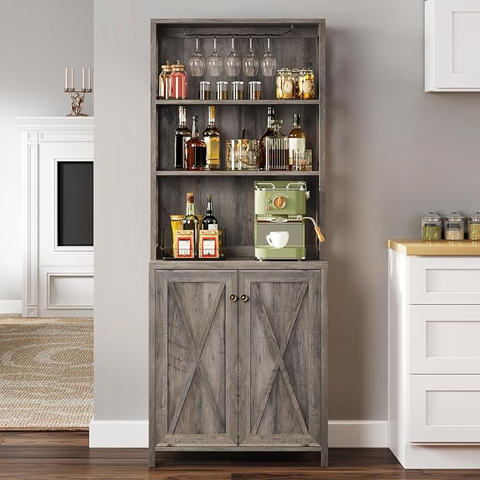 DWVO 67" Tall Wine Bar Cabinet for Liquor and Glasses, Farmhouse Kitchen Cabinets Coffee Bar with Adjustable Shelves, Open Storage Shelves, Buffet Cabinet for Living & Dinning Room, Grey Wash