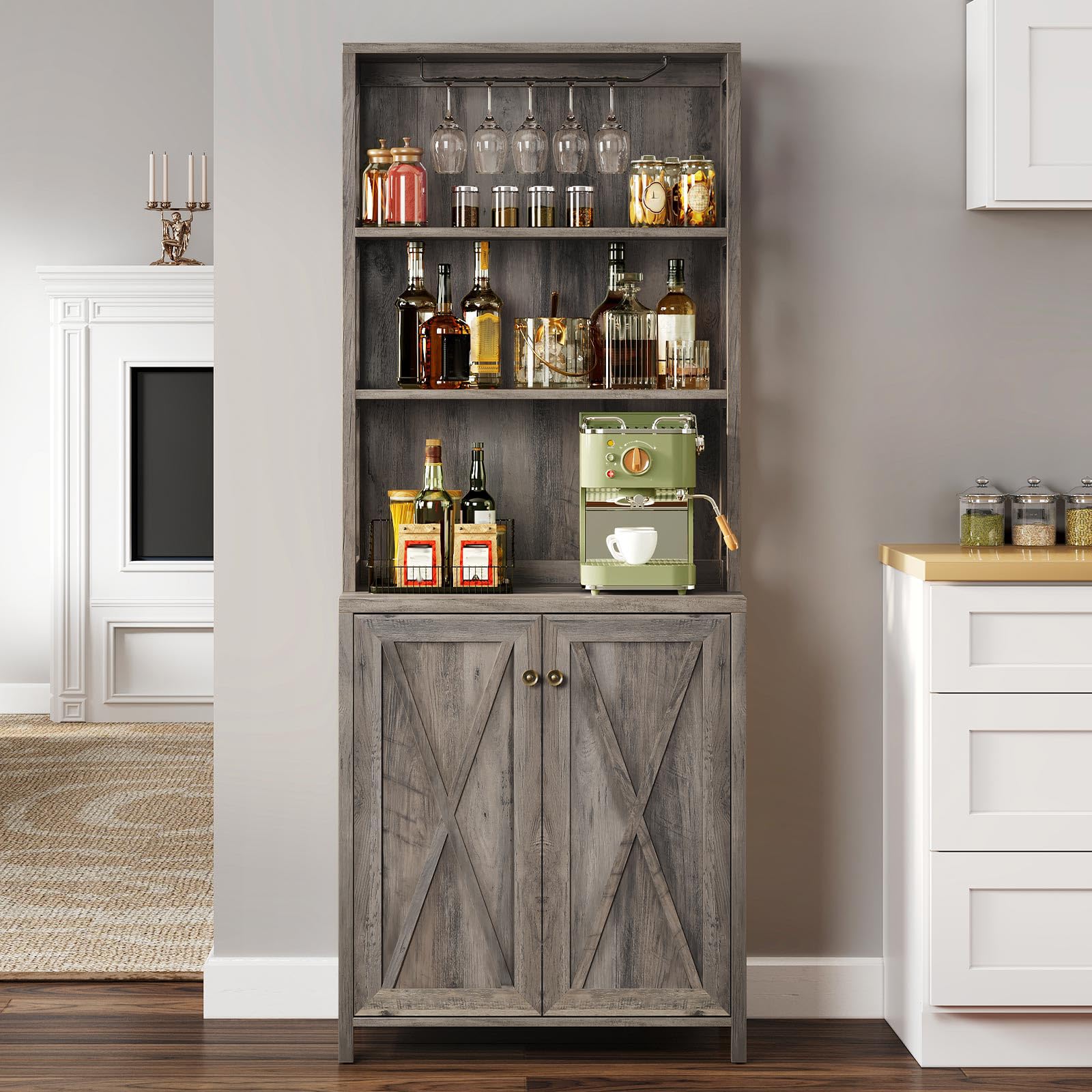 PeacefulHues Wine Bar Cabinet With Wine Racks, Glass Holders